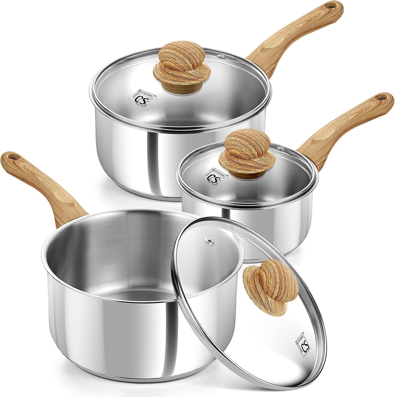 Stainless Steel Pots, 6 Piece Sauce Pan Set with Lids, 1QT, 2QT, 3QT Stainless