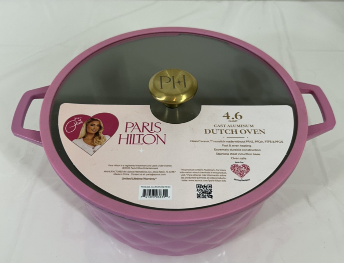 NEW Paris Hilton 4.6 Quart Cast Aluminum Dutch Oven Pink Quilted Kitchen B59