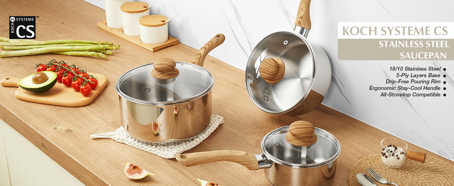 Stainless Steel Pots, 6 Piece Sauce Pan Set with Lids, 1QT, 2QT, 3QT Stainless