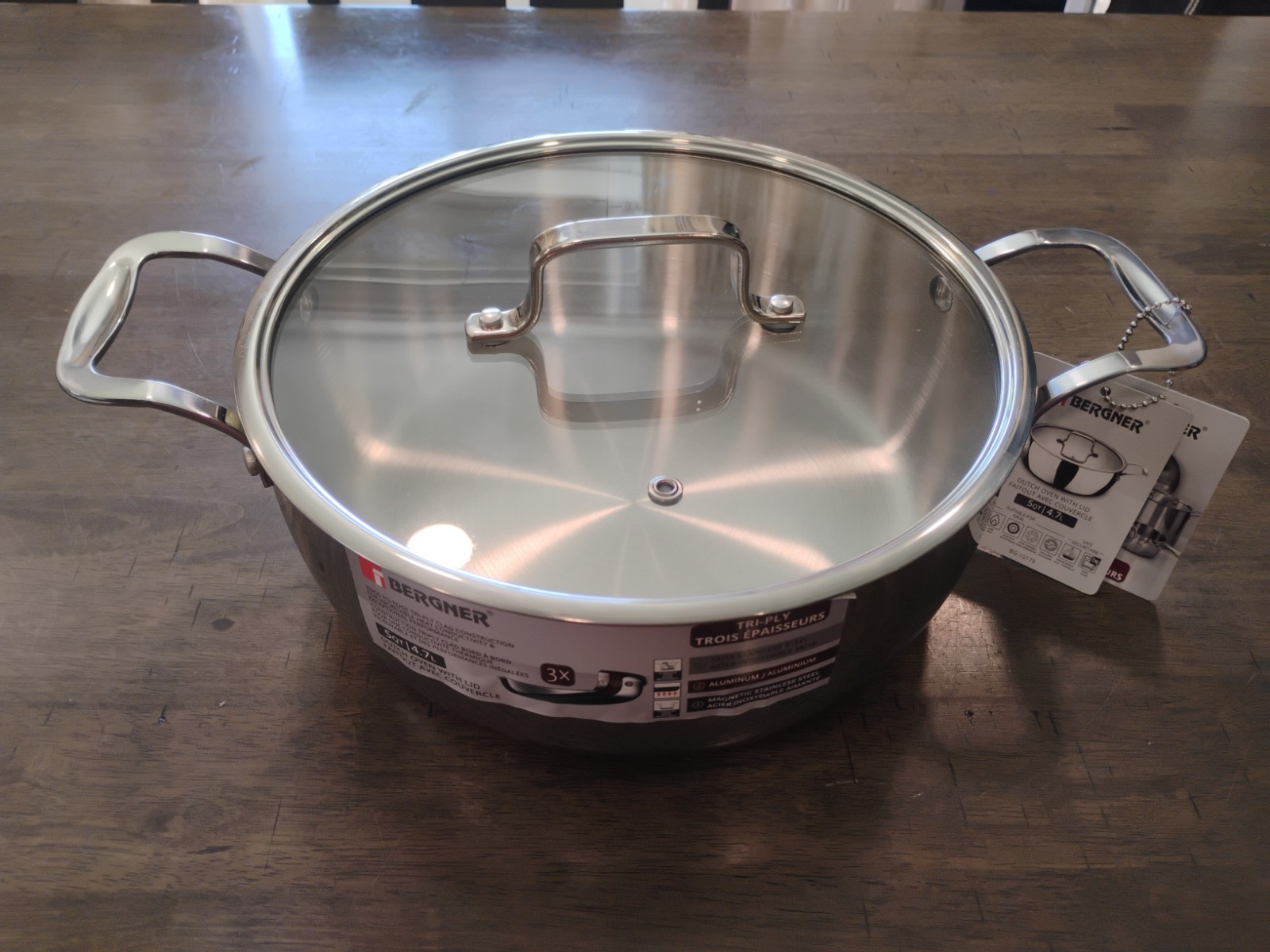 BERGNER Tri-Ply Stainless Steel 5-Quart Dutch Oven Pot With Glass Lid