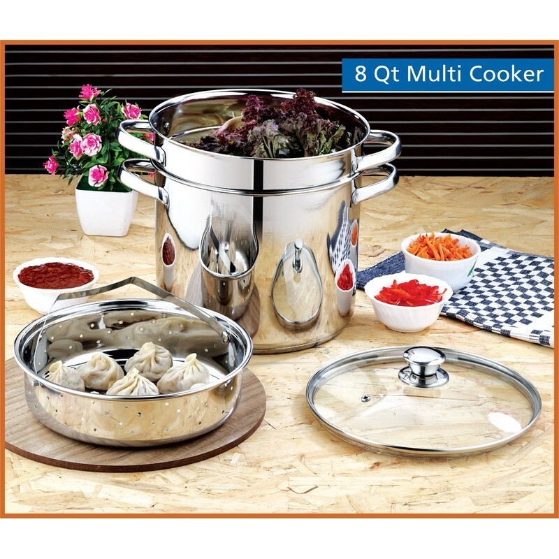 4 Piece Stainless Steel Multi Cooker Set W/ Glass Lid Steamer Colander Pot New