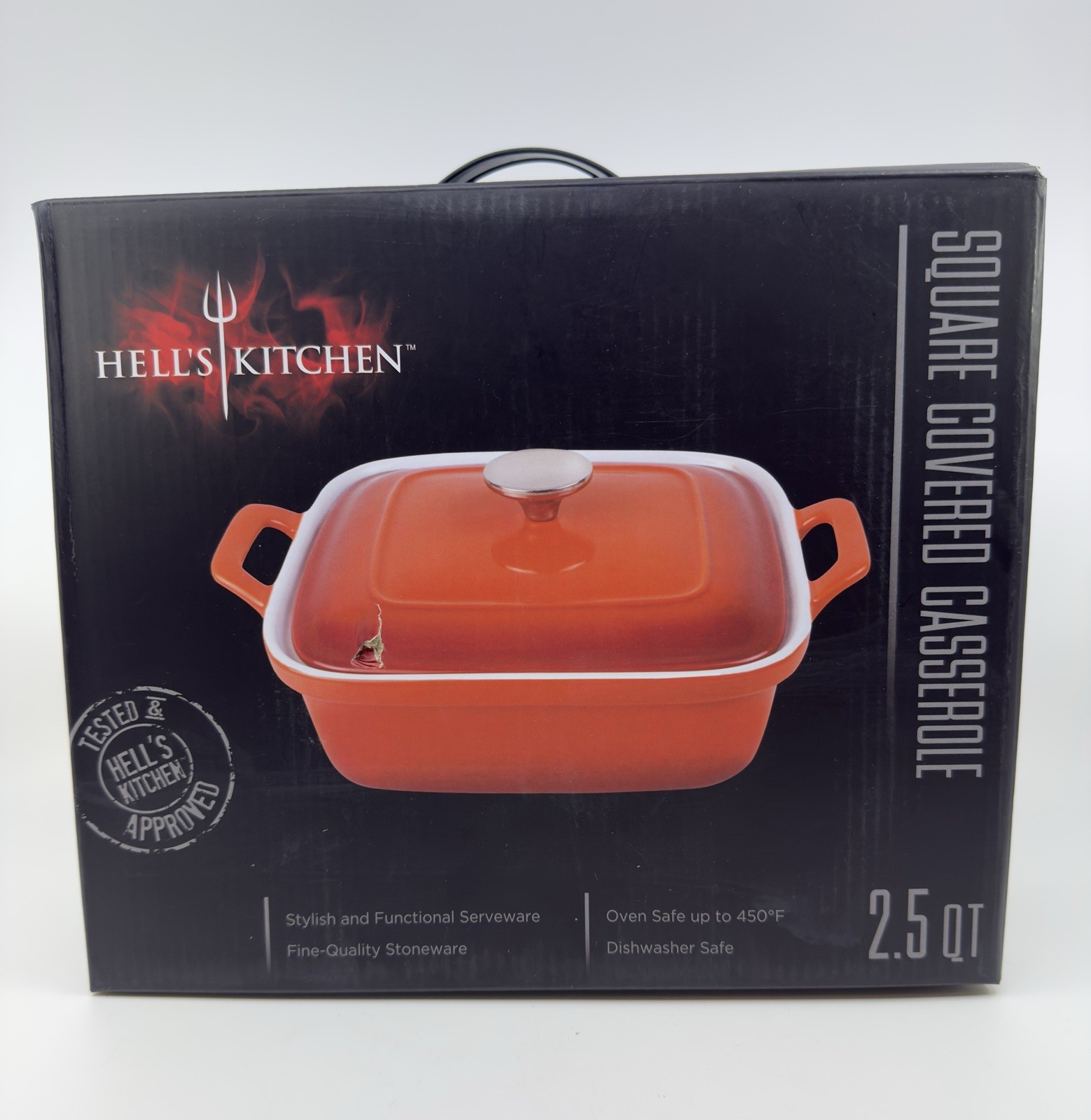 Hells Kitchen Red White Ceramic Bakeware Square Covered Casserole Cooking Dish