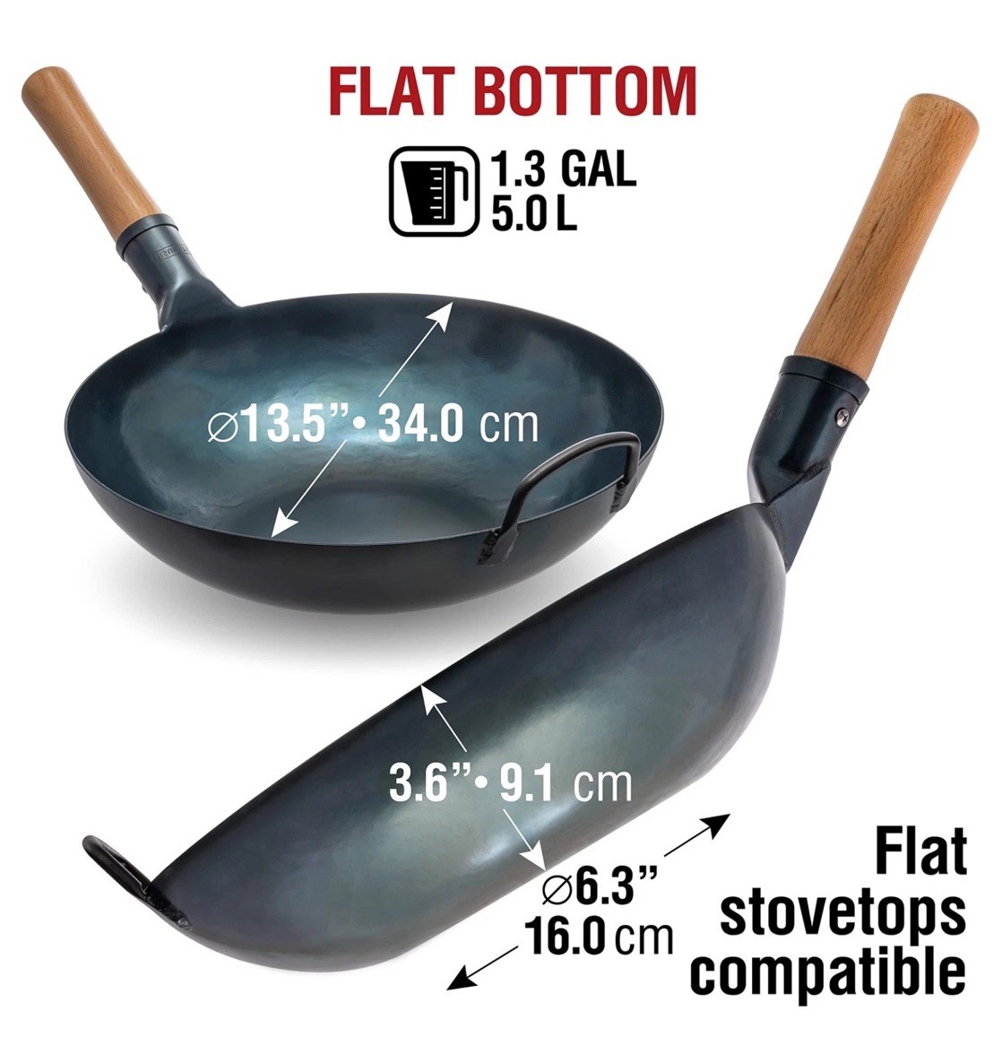 🏅YOSUKATA 13.5” Blue Carbon Steel Wok Pan Pre-Seasoned Flat Bottom Wok