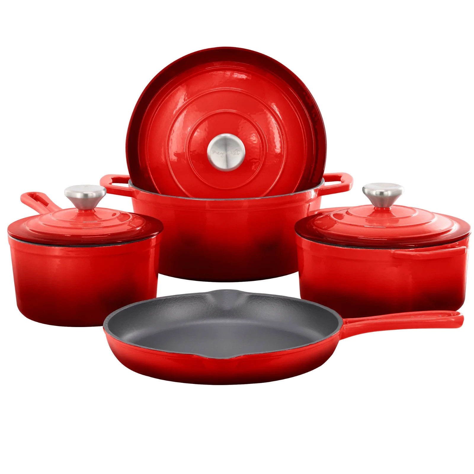 MegaChef 7 Piece Enameled Nonstick Cast Iron Cookware Set in Red