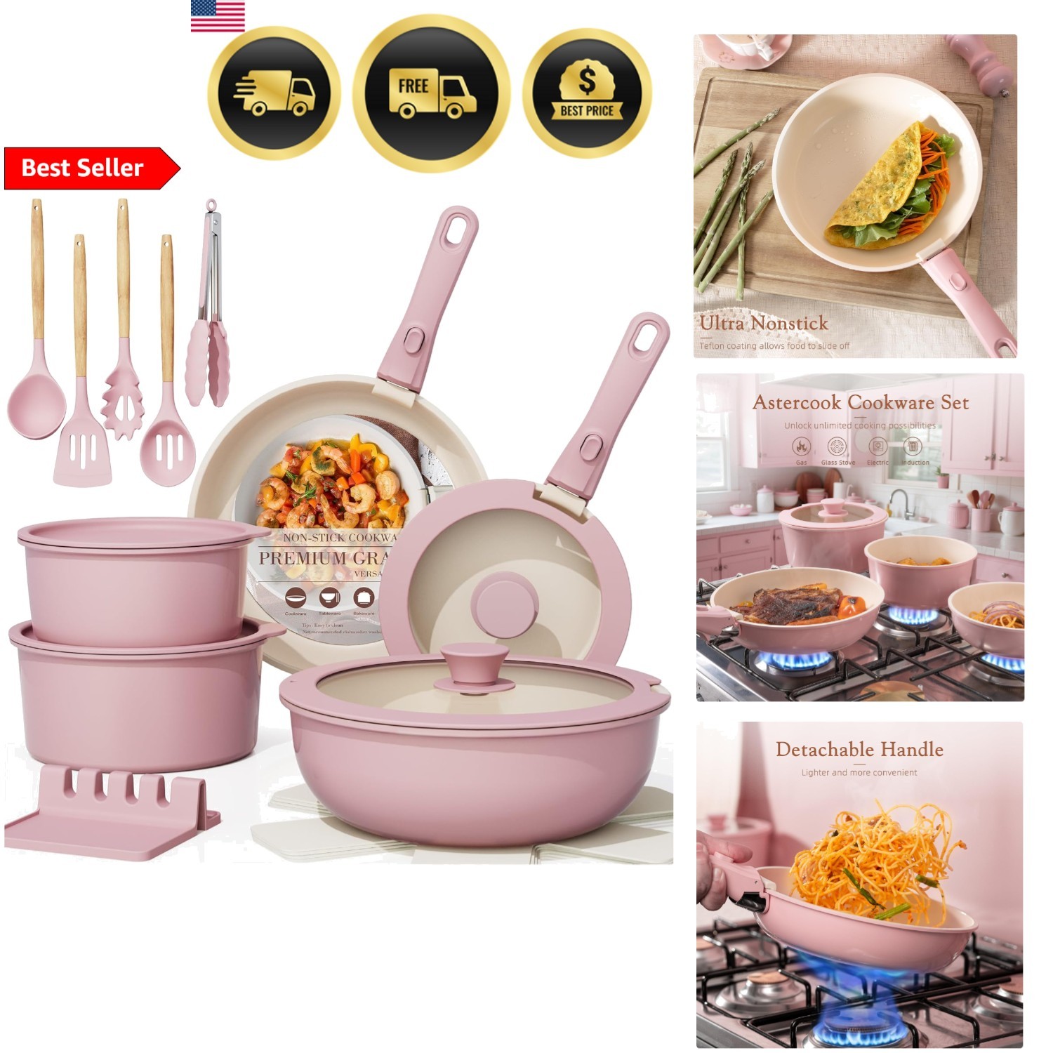 Non Stick Ceramic Cookware Set Pots and Pans with Removable Handles Pink