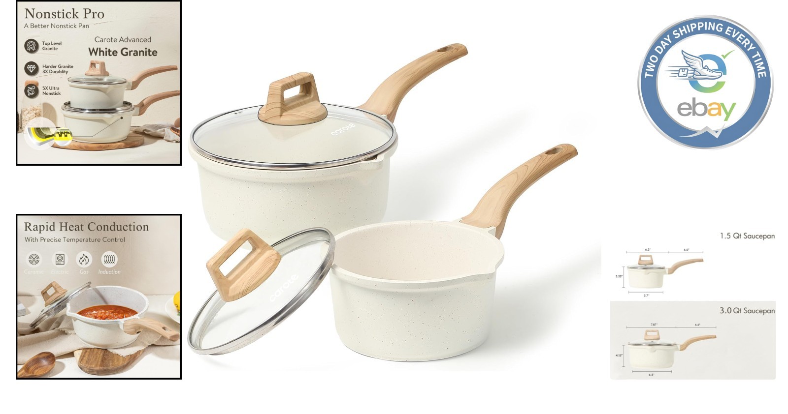 Effortless Cleaning 1.5Qt & 3.0Qt White Granite Saucepan Set – PFOA Free