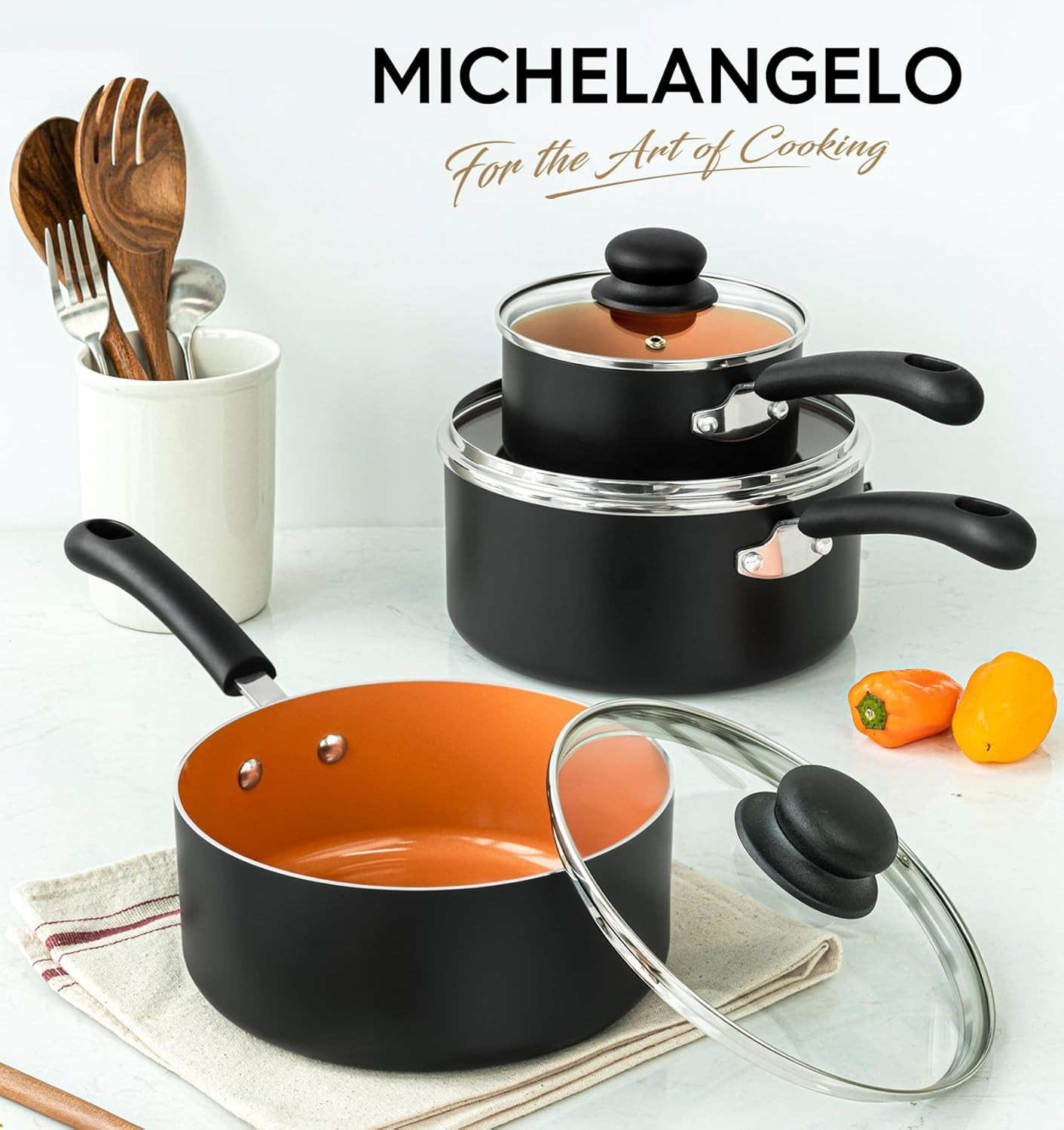 MICHELANGELO Nonstick Sauce Pan with Lid 1QT, 2QT & 3QT, Ceramic Saucepan Set, C
