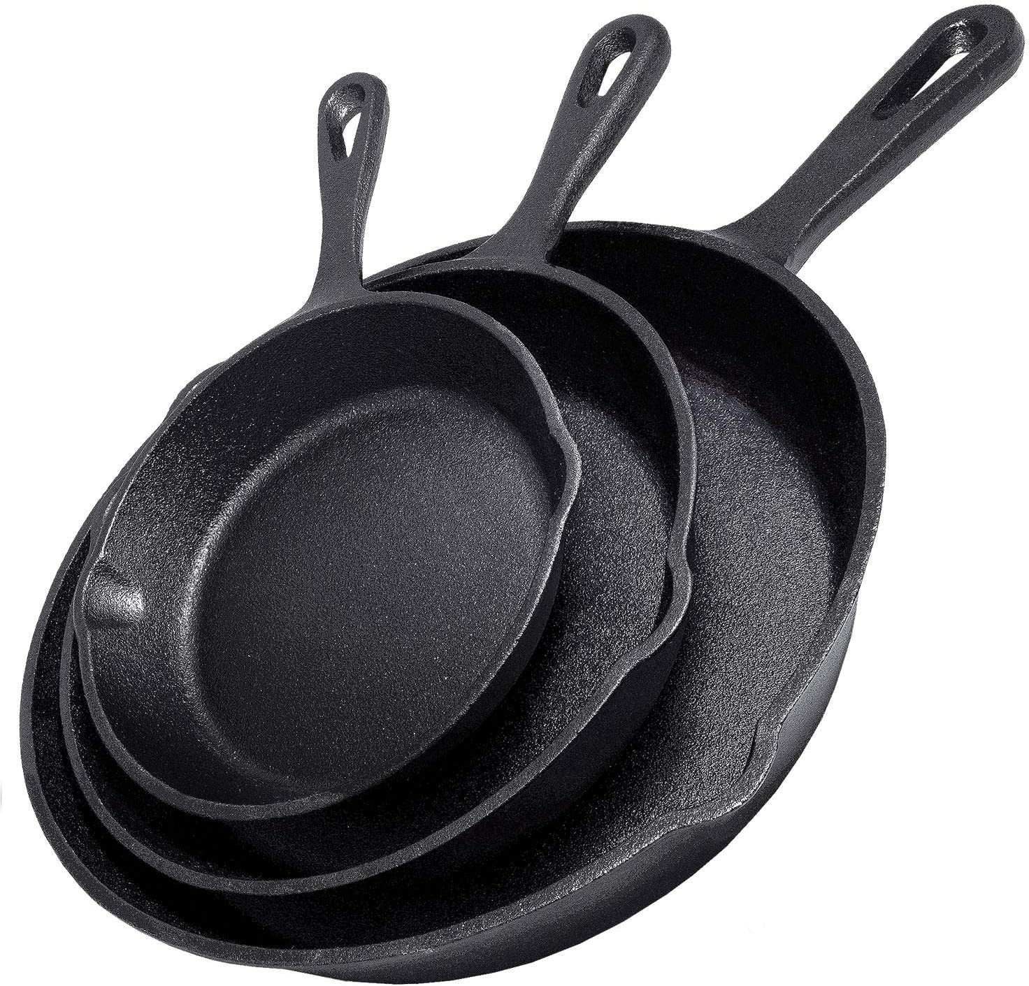 3~Piece Cast Iron Skillet Set, Pre~Seasoned, 10 8 6 Inch, Black