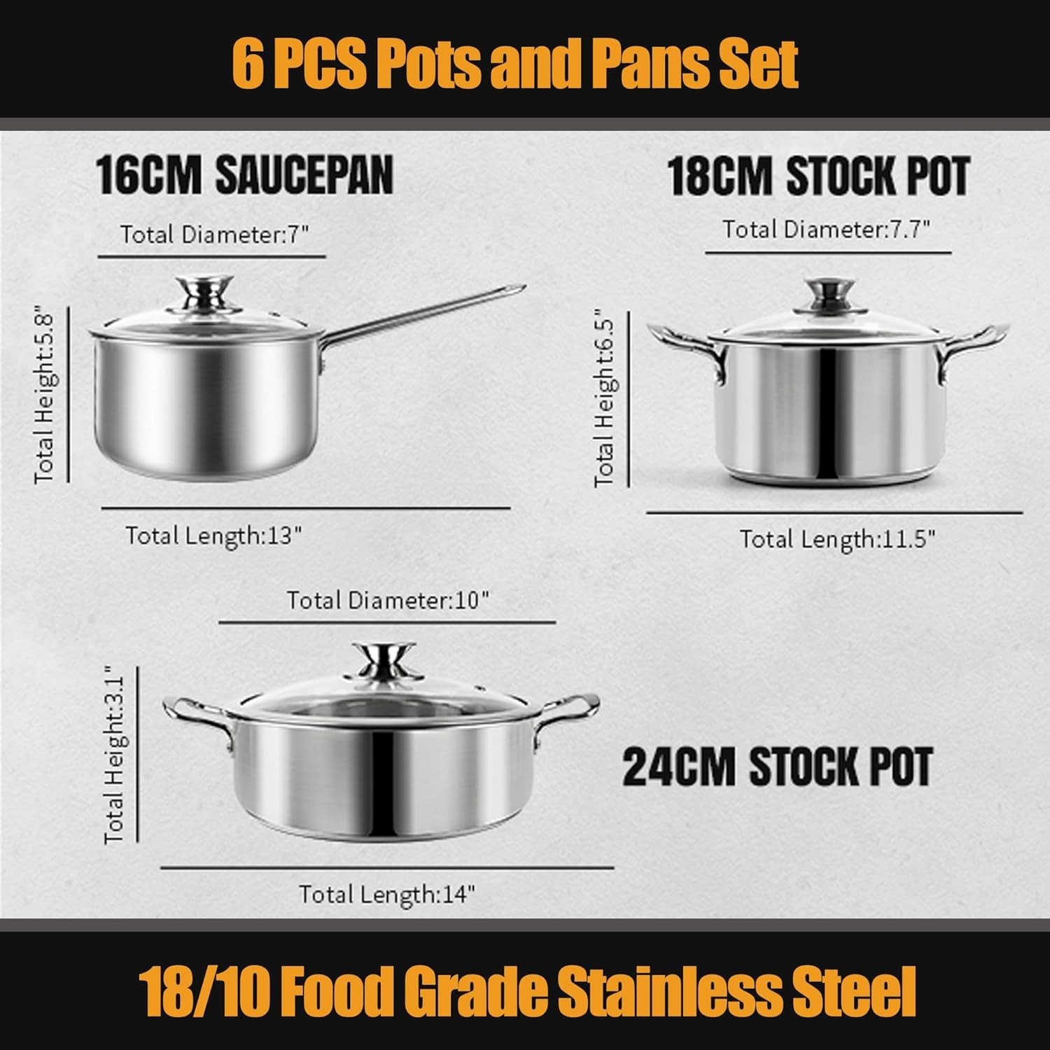 Stainless Steel pots and pans set, 6 Piece Nonstick Kitchen Induction Cookwar…