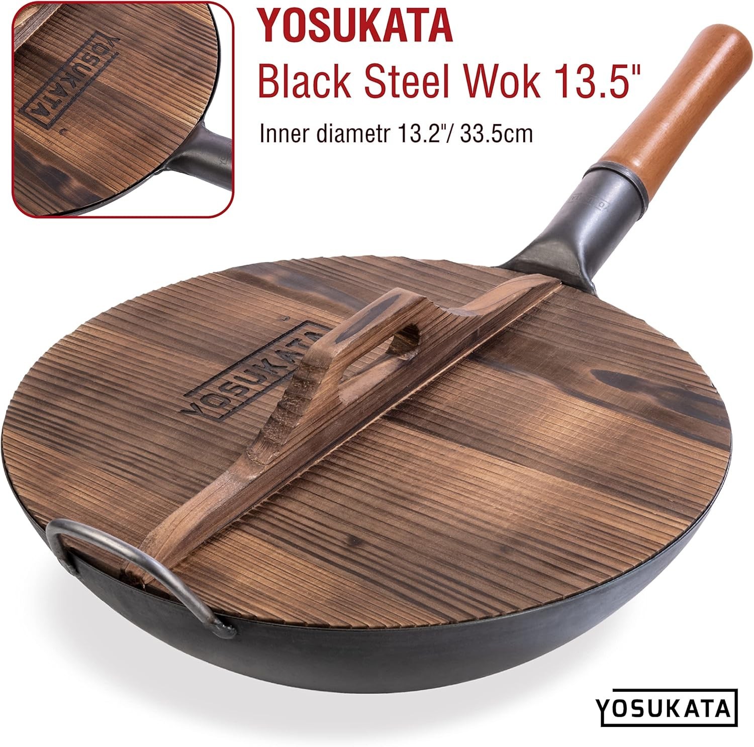 Cast Iron Wok Cover – Wok Cover 13.2″ for Wok 13.5″- Wooden Pan Lid with Erg…