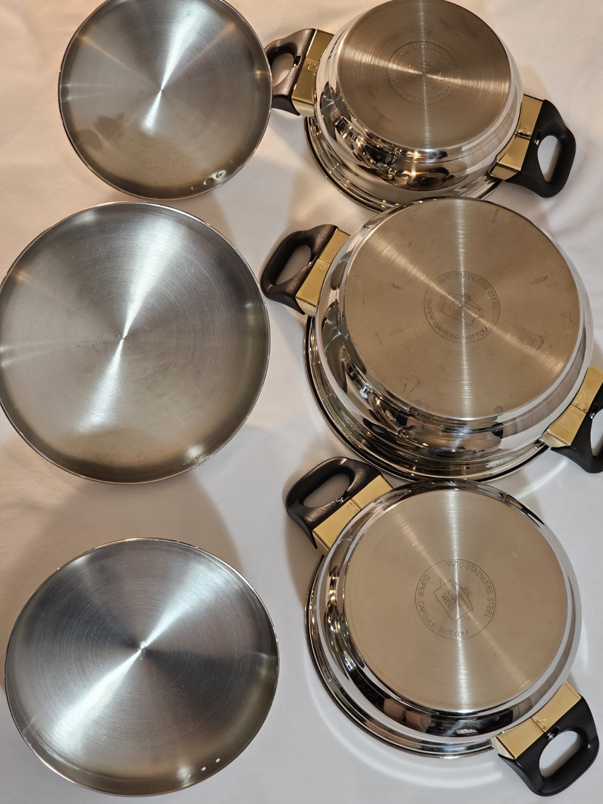 Vtg Cook Well High-quality Stainless Steel Pots & Pans W/Gold Plating -Set Of 11