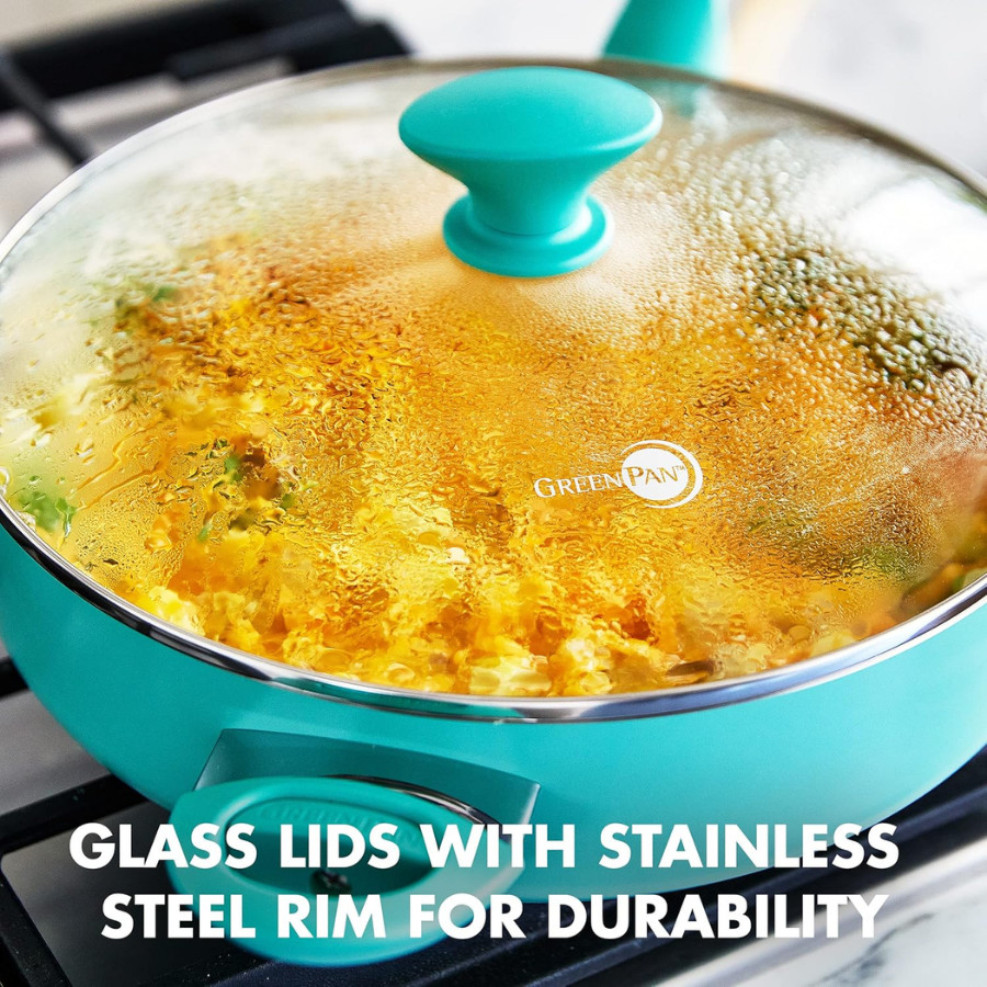 GreenPan Rio Ceramic Nonstick 5-Quart Saute Pan w/Lid Dishwasher Safe, Turquoise