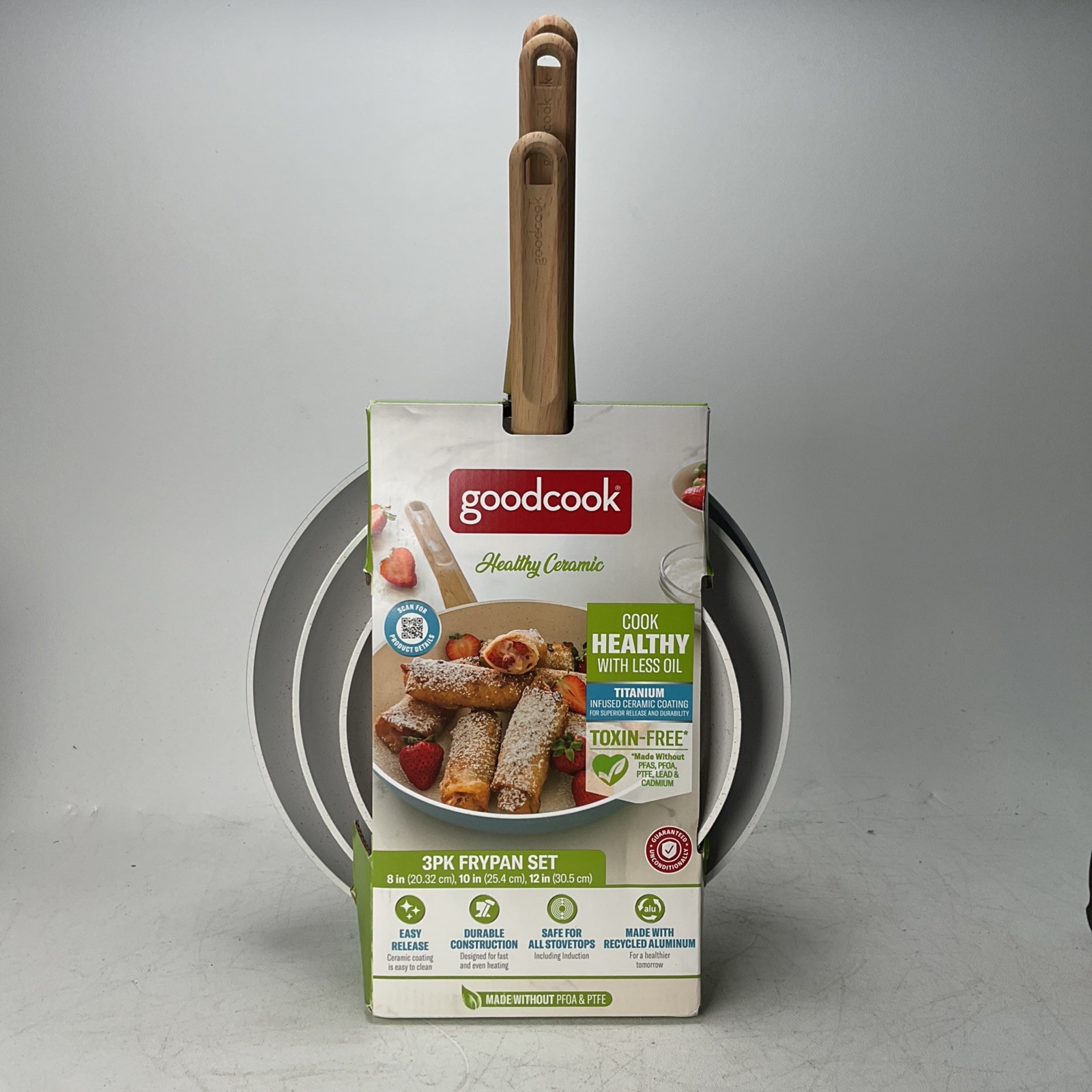 3 Piece Nonstick Fry Pan Set Blue White Tan Healthy Ceramic Cookware Set