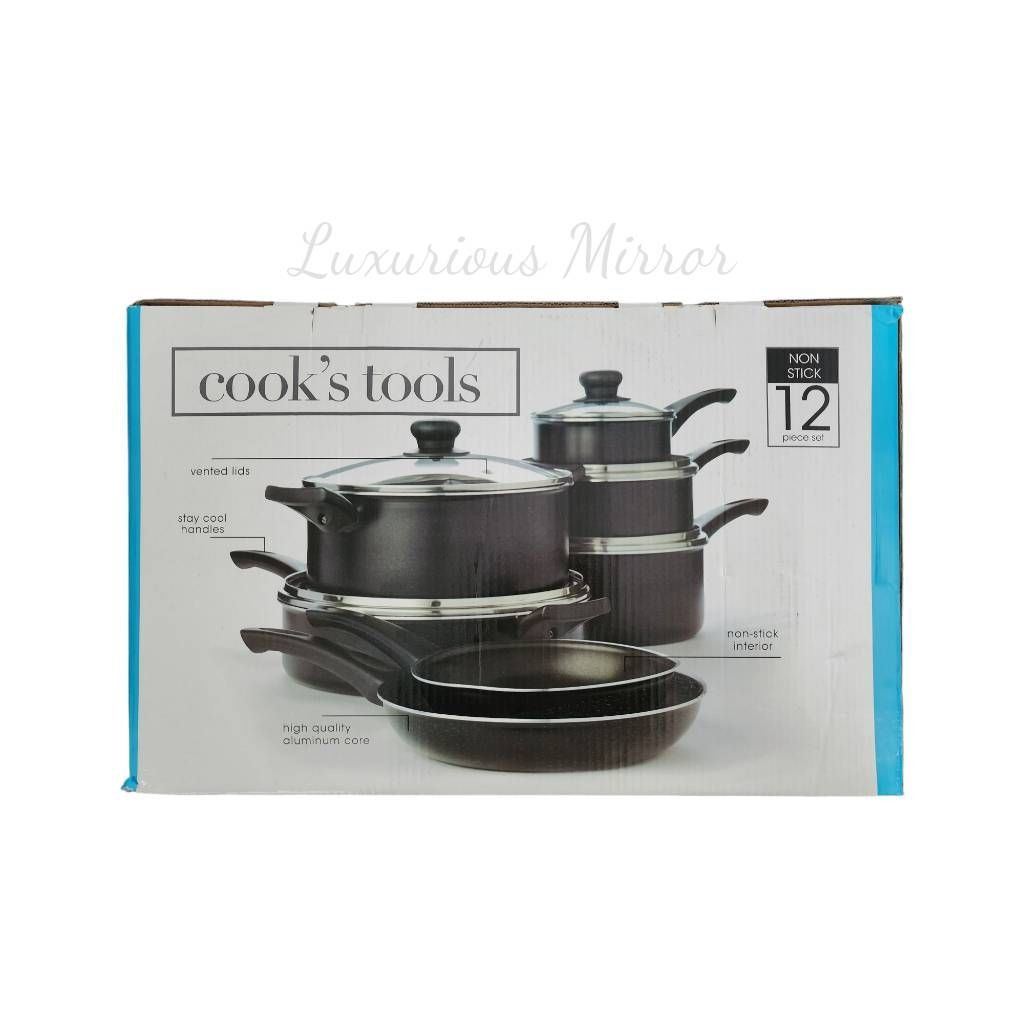 Cooks Tools 12 Piece Pan Set Black Non-Stick Vented Lids Electric Gas New