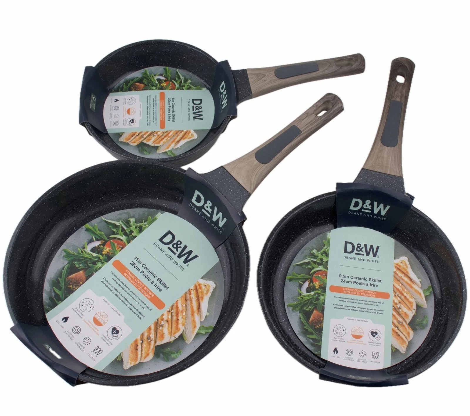 Deane and White Cookware 8″ 9.5″ 11″ Skillets Ceramic Frying Pans Set of 3 D&W