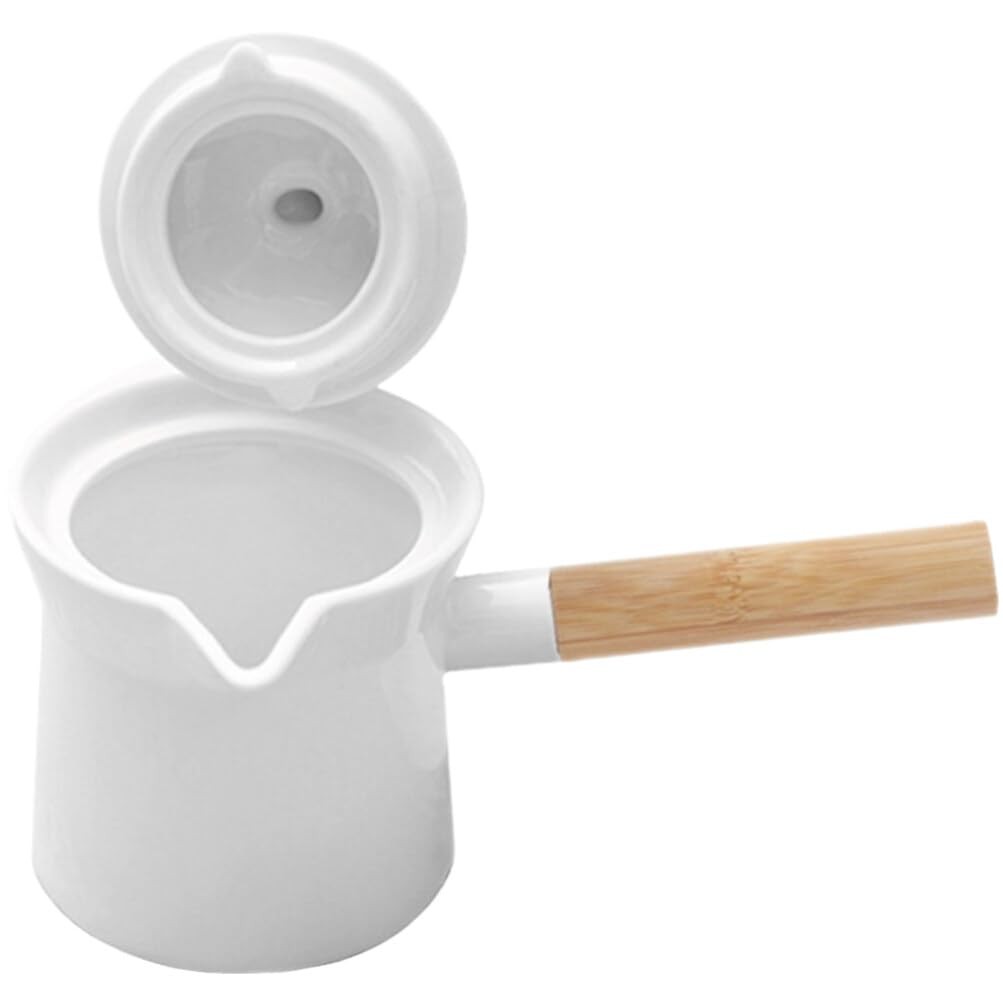 Mini Sauce Pan Ceramic Milk Pot 350ml With Lid Wooden Handle White Pour Spout