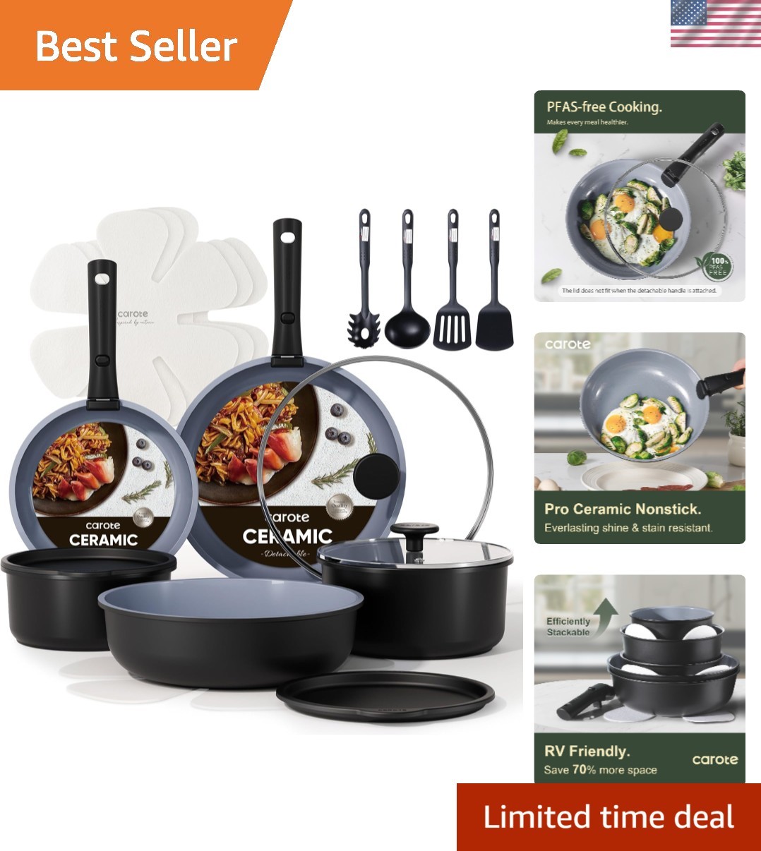 19pcs Ceramic Cookware Set Detachable Handle,Pots and Pans Non Stick | Kitche…