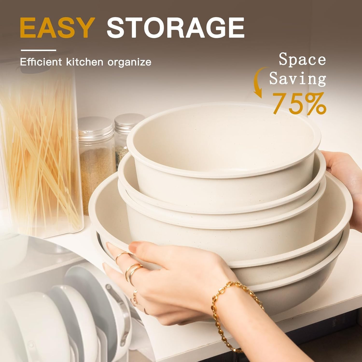 Non-Stick 12-Piece Cookware Set with Detachable Handle – Beige Pots & Pans