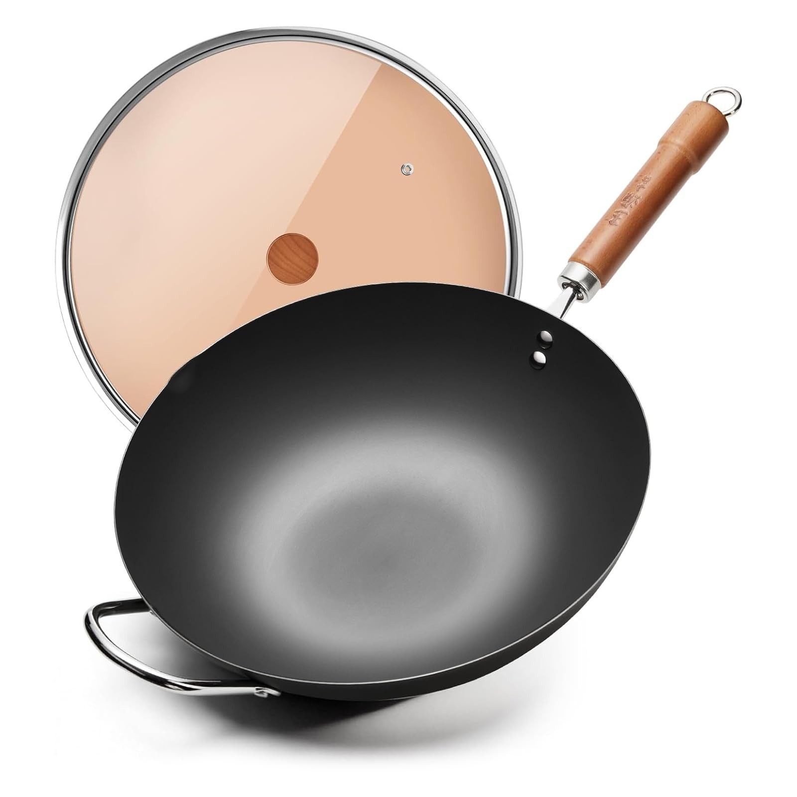Carbon Steel Wok with Lid, 12.6 Inch Flat Bottom Wok Pan, Uncoated Stir Fry P…