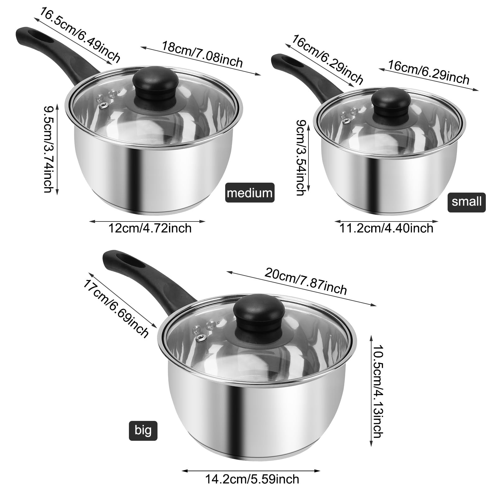 Stainless Steel Pot Set with Lid 6pcsSauce Pans 1QT & 2QT & 3QT SetTriply Bot…