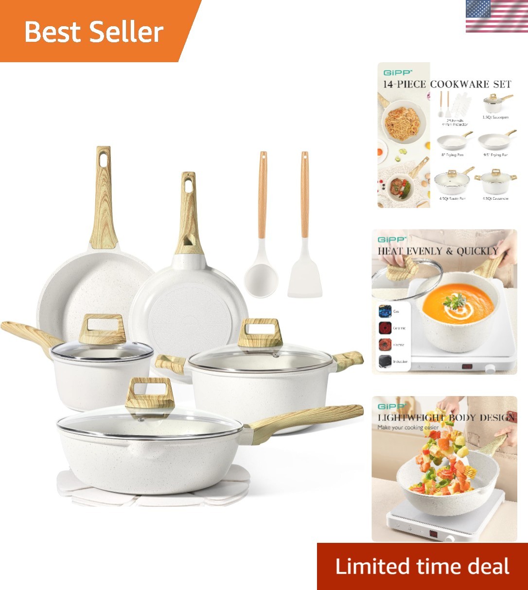 Pots and Pans Set Non Stick – 14 Pcs White Granite Kitchen Cookware Sets Nons…