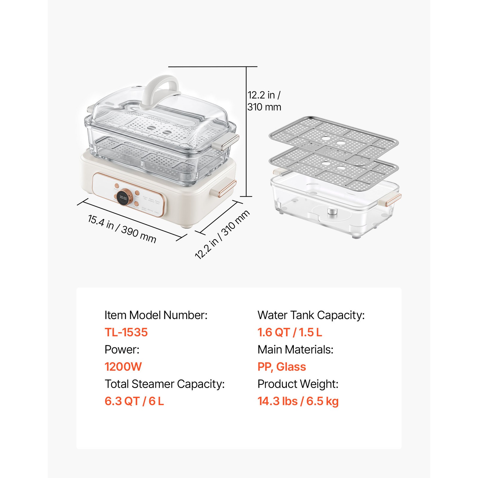 Uimoso Electric Food Steamer 6.3 QT with Glass Bowl and Dual-Layer Trays