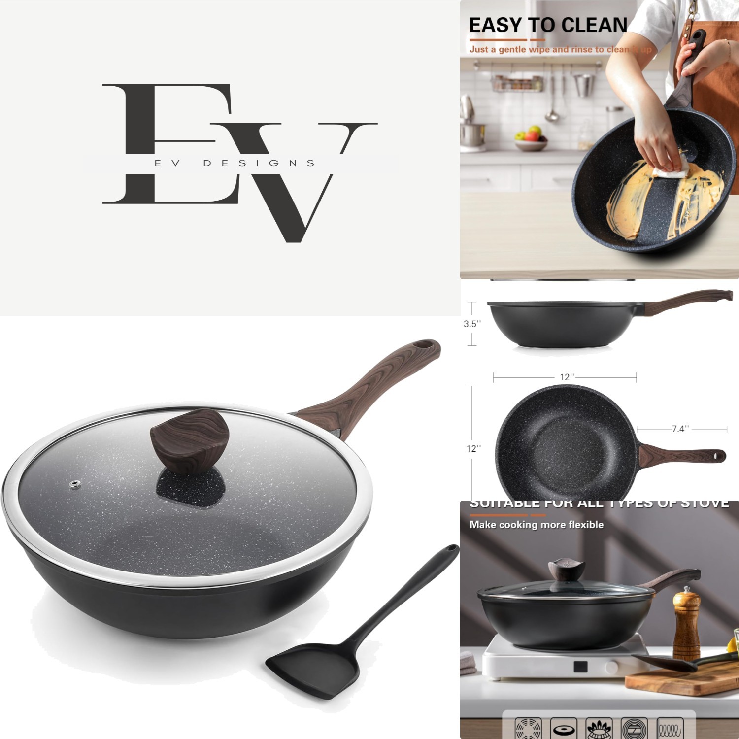 All-Stovetop Compatible 12-Inch Wok with Glass Lid & PFOA-Free Granite Coating