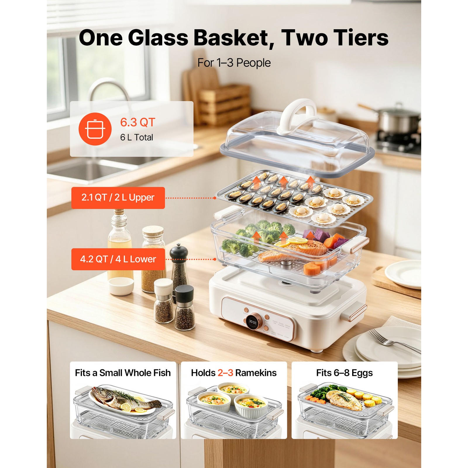 Uimoso Electric Food Steamer 6.3 QT with Glass Bowl and Dual-Layer Trays