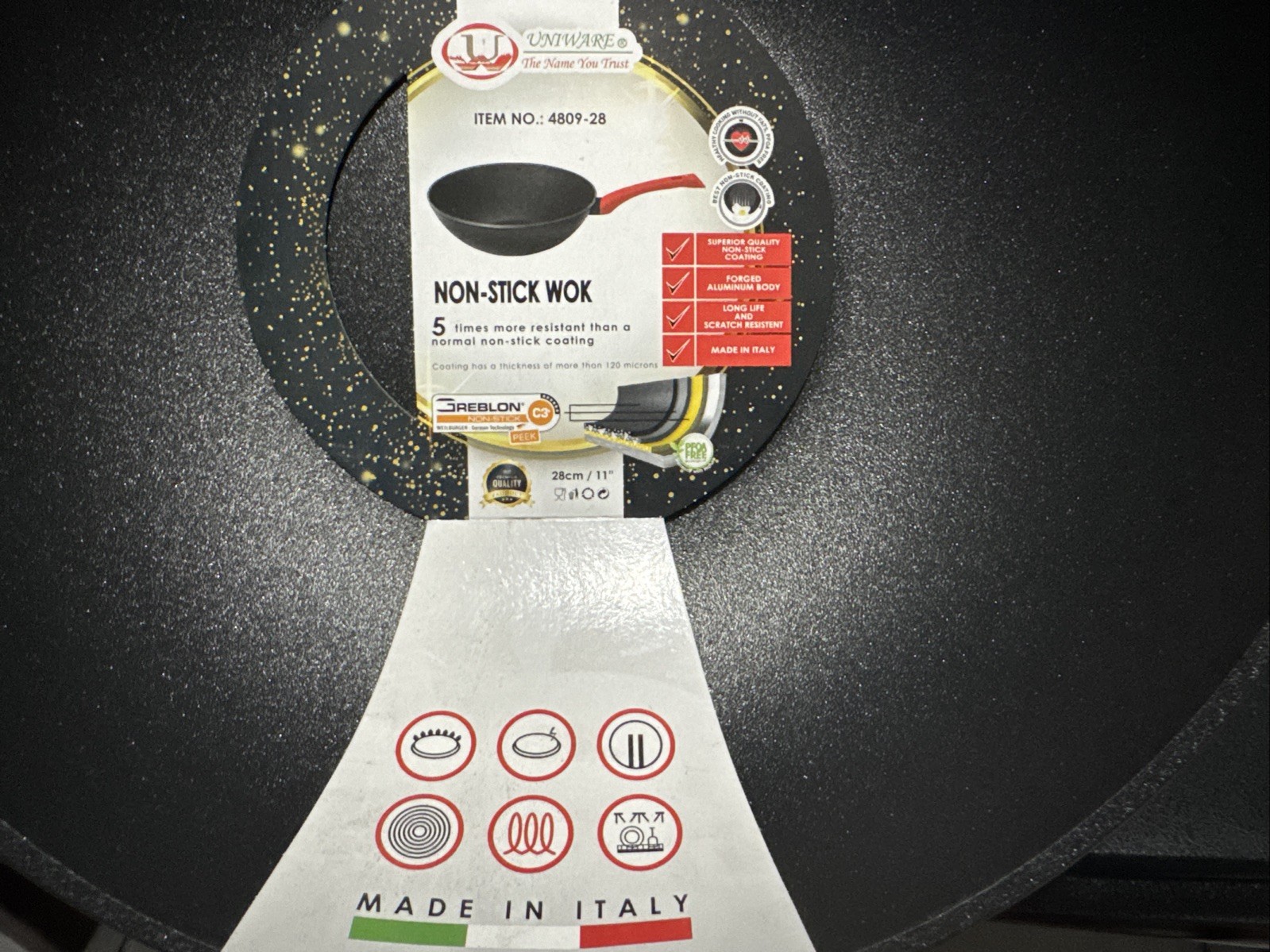 Uniware Non Stick Wok 11” PFOA Free Silicone Grip Non-scratch Italian Made