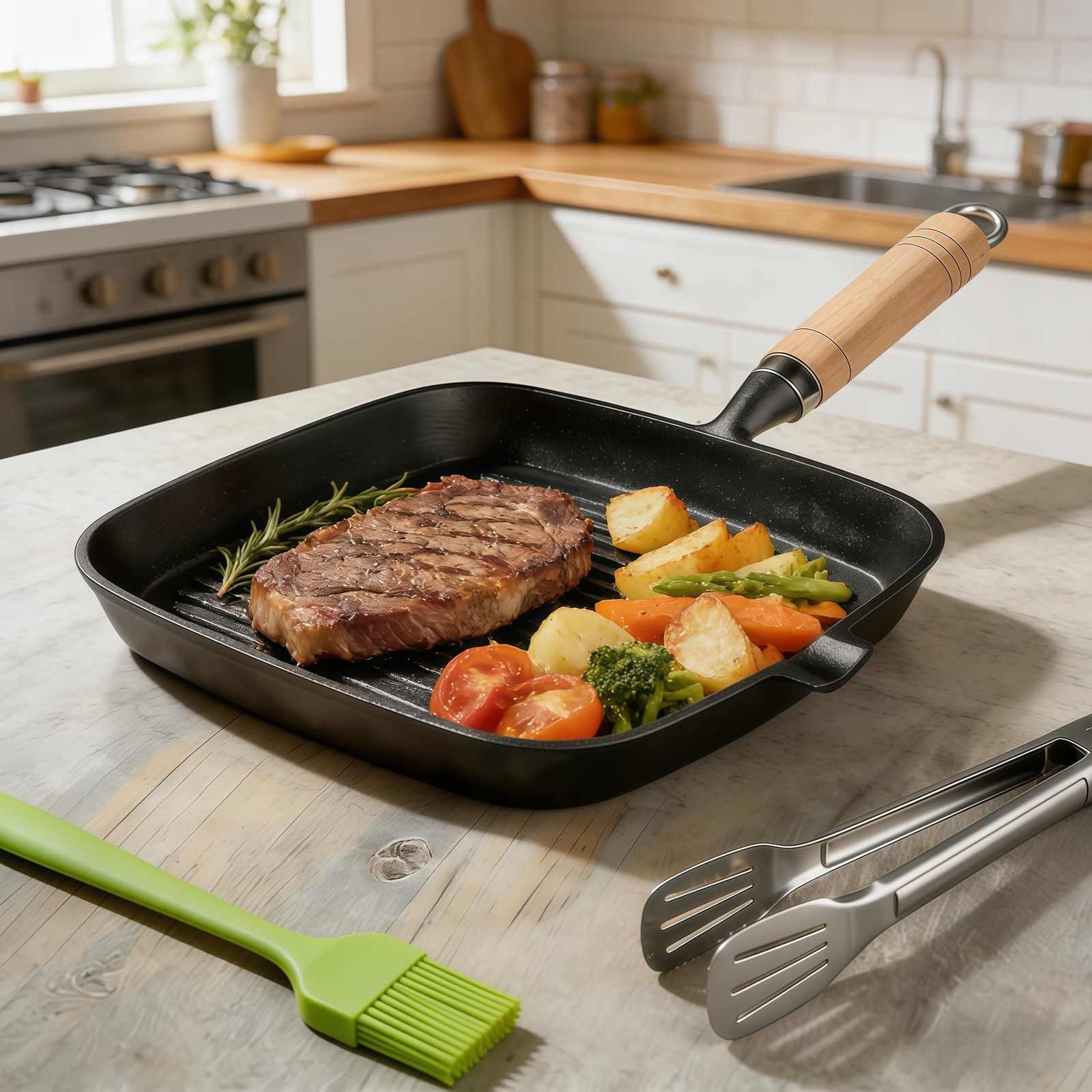 Komost 9 Inch Cast Iron Grill Pan for Stove Top, Square Skillet Griddle Pan w…
