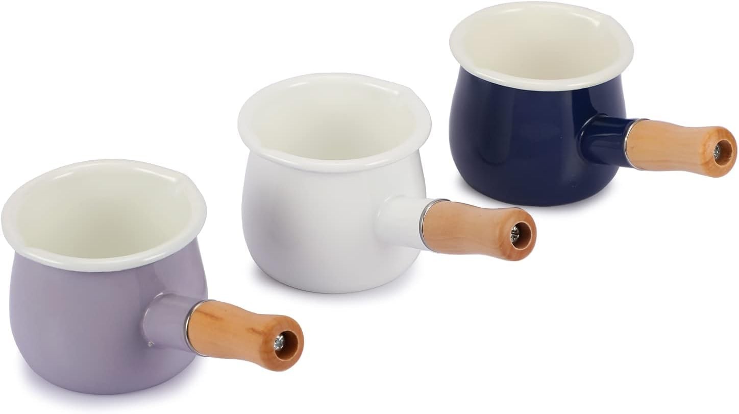 0.6qt Mini Enamel Milk Pot Insulated Wooden Handle 2 Pour Spouts Small Food New