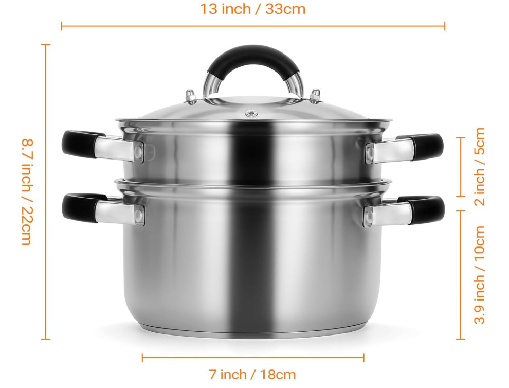 Olla Vaporera 3,2 QT Acero Inoxidable Fondo Triple para Cocinar al Vapor y Hervi