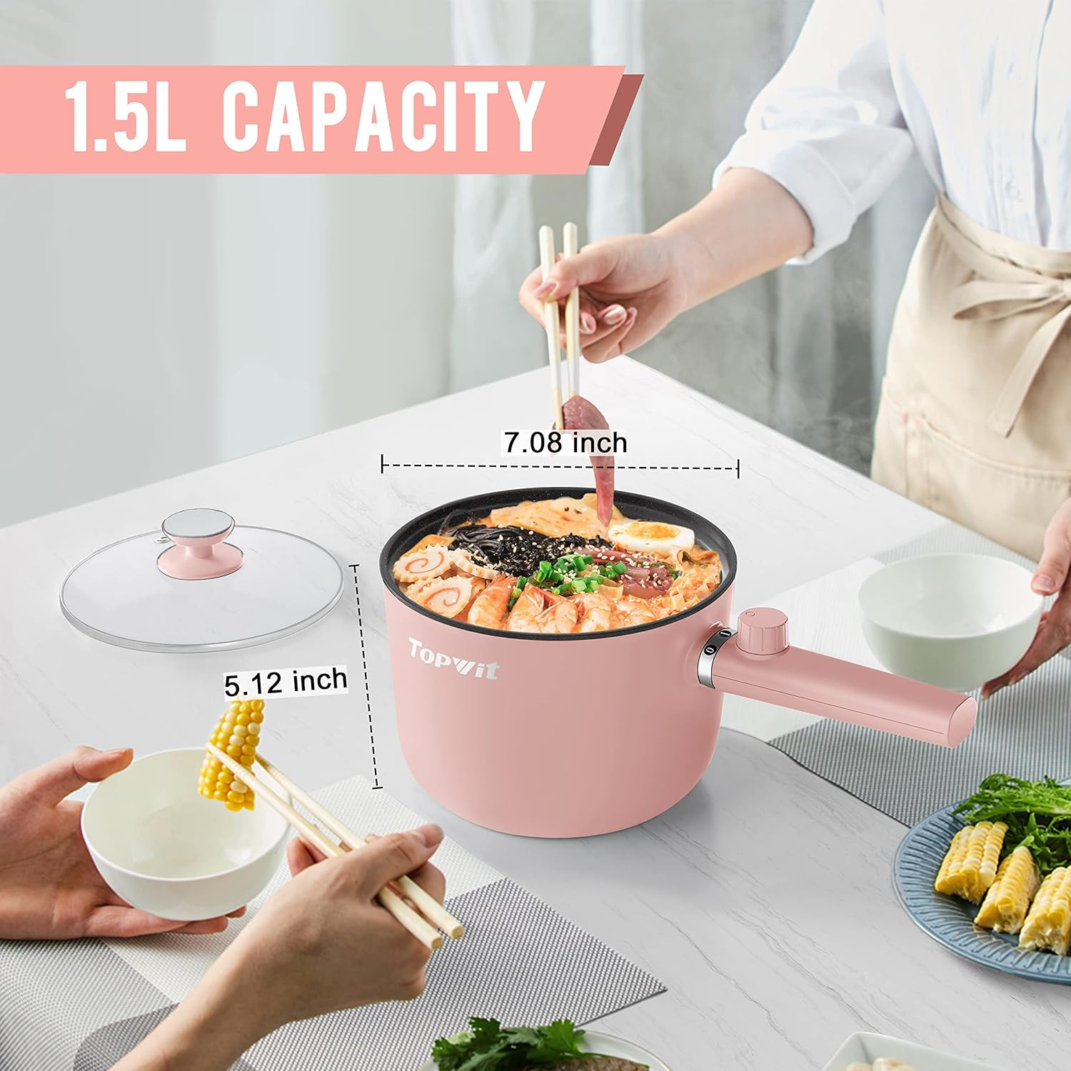 Hot Pot Electric, 1.5L Ramen Cooker, Portable Non-Stick Frying Pan, Electric Pot