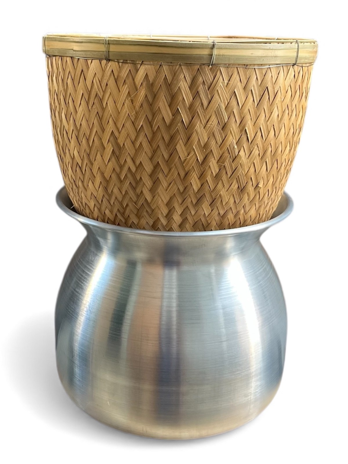 Thai Sticky Rice Steamer Set 2 pcs | 24 cm Aluminum Pot + 26 cm Bamboo Basket |