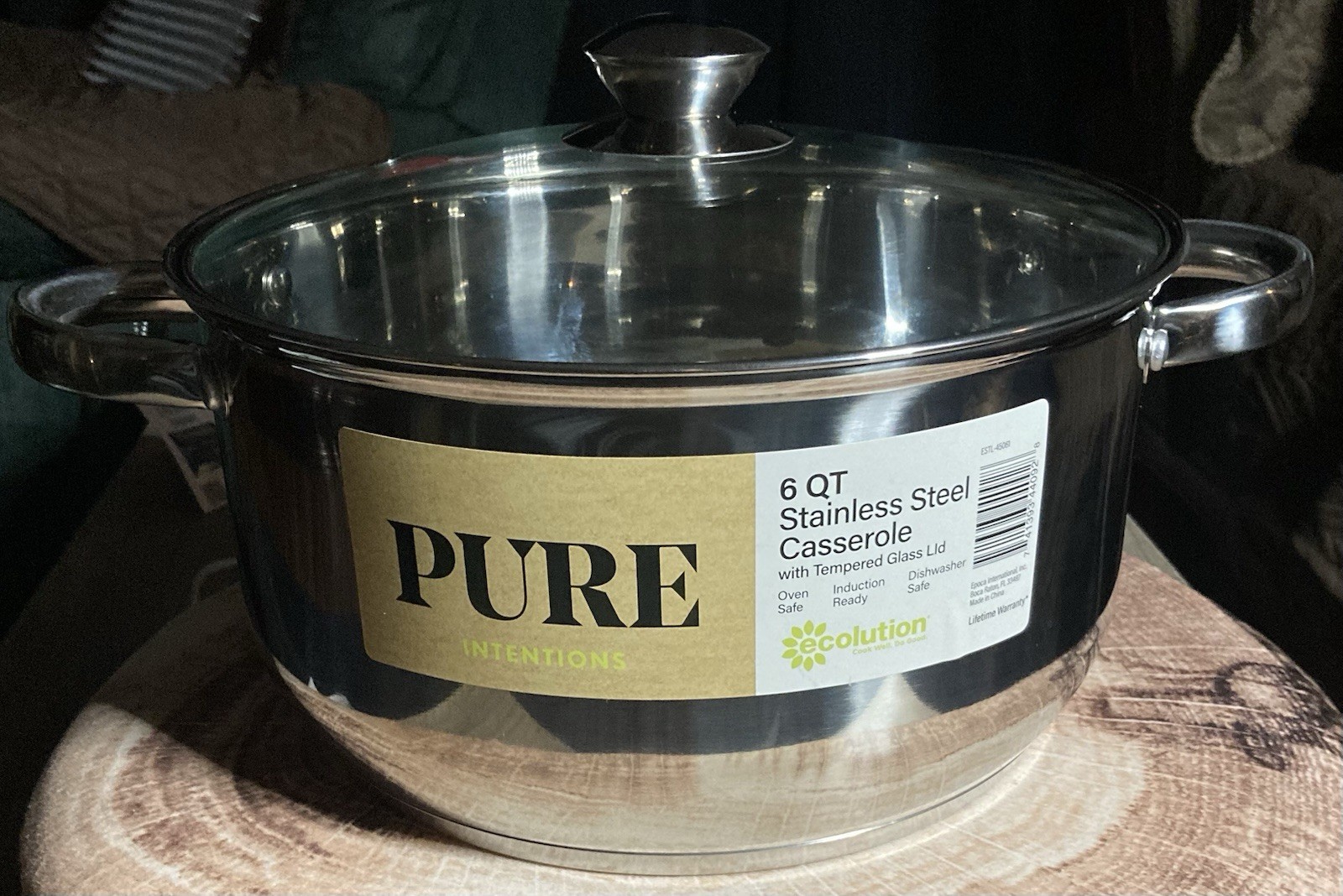 Ecolution 6 QT Stainless Steel Casserole Pot With Tempered Glass Lid.