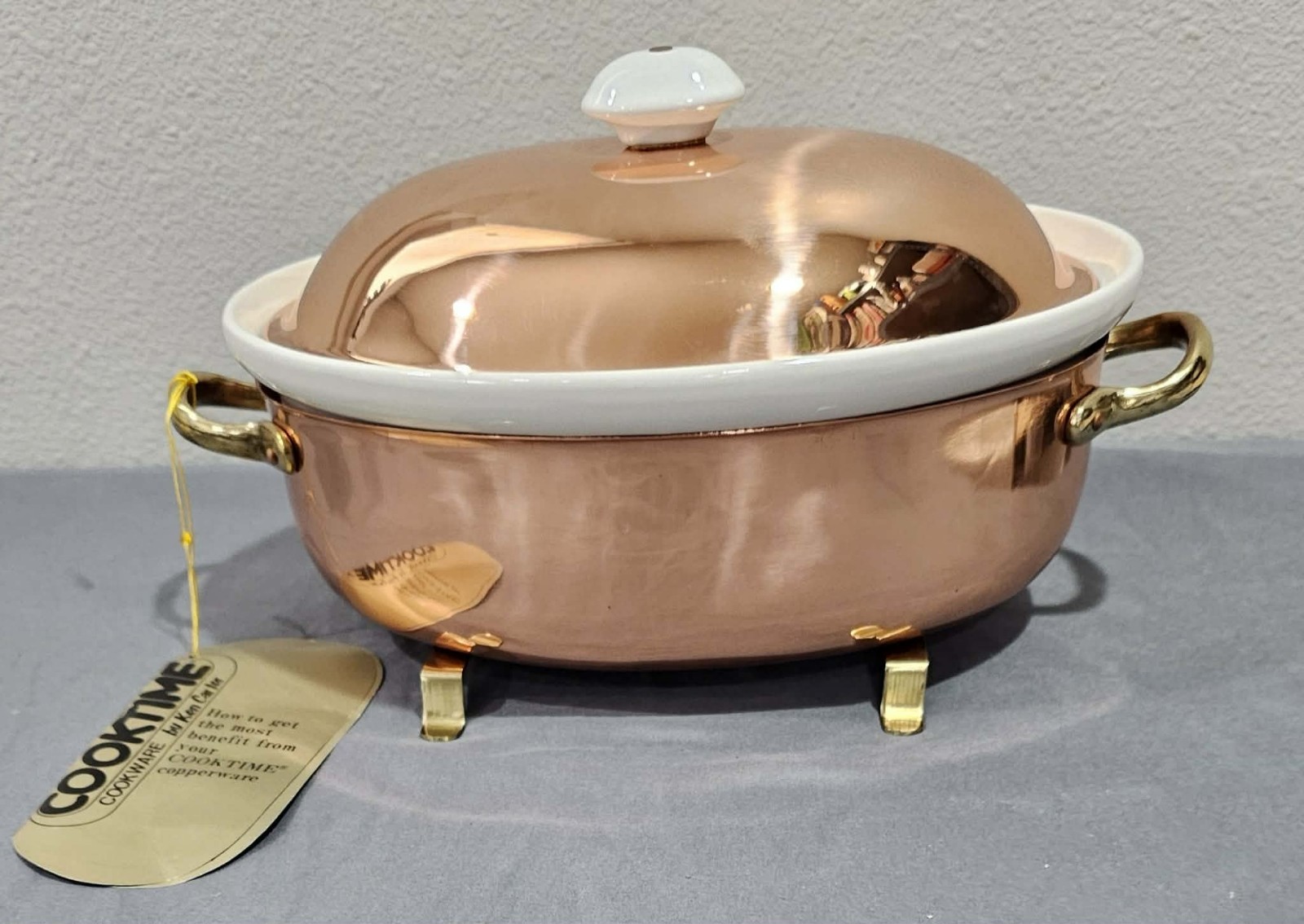 Vtg Baker,Hart & Stuart Solid Copper Footed, Lidded Stoneware Casserole Dish NIB