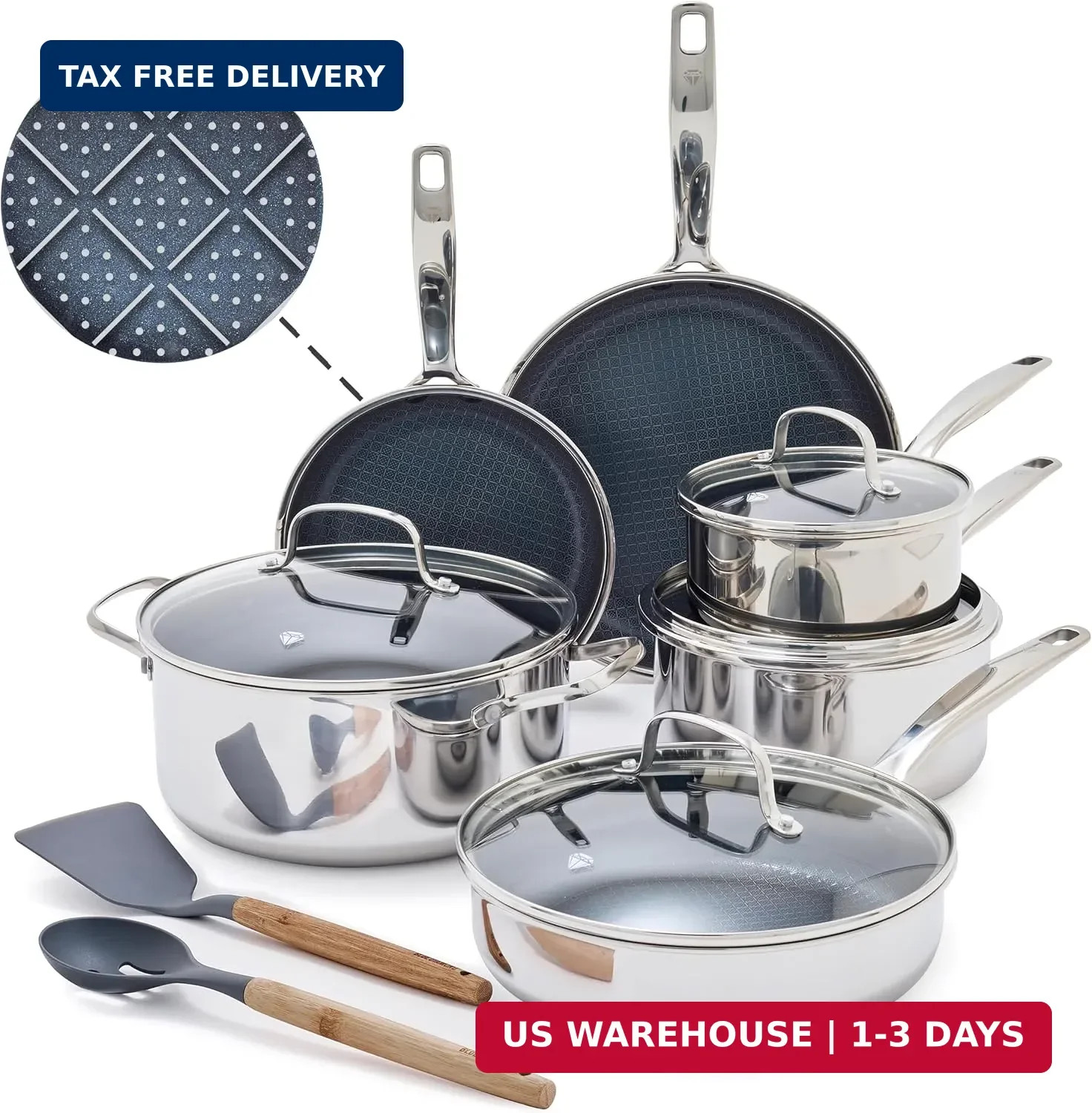 Blue Diamond Hybrid Nonstick Stainless Steel 12 Piece Cookware Set, Tri-Ply PFAS