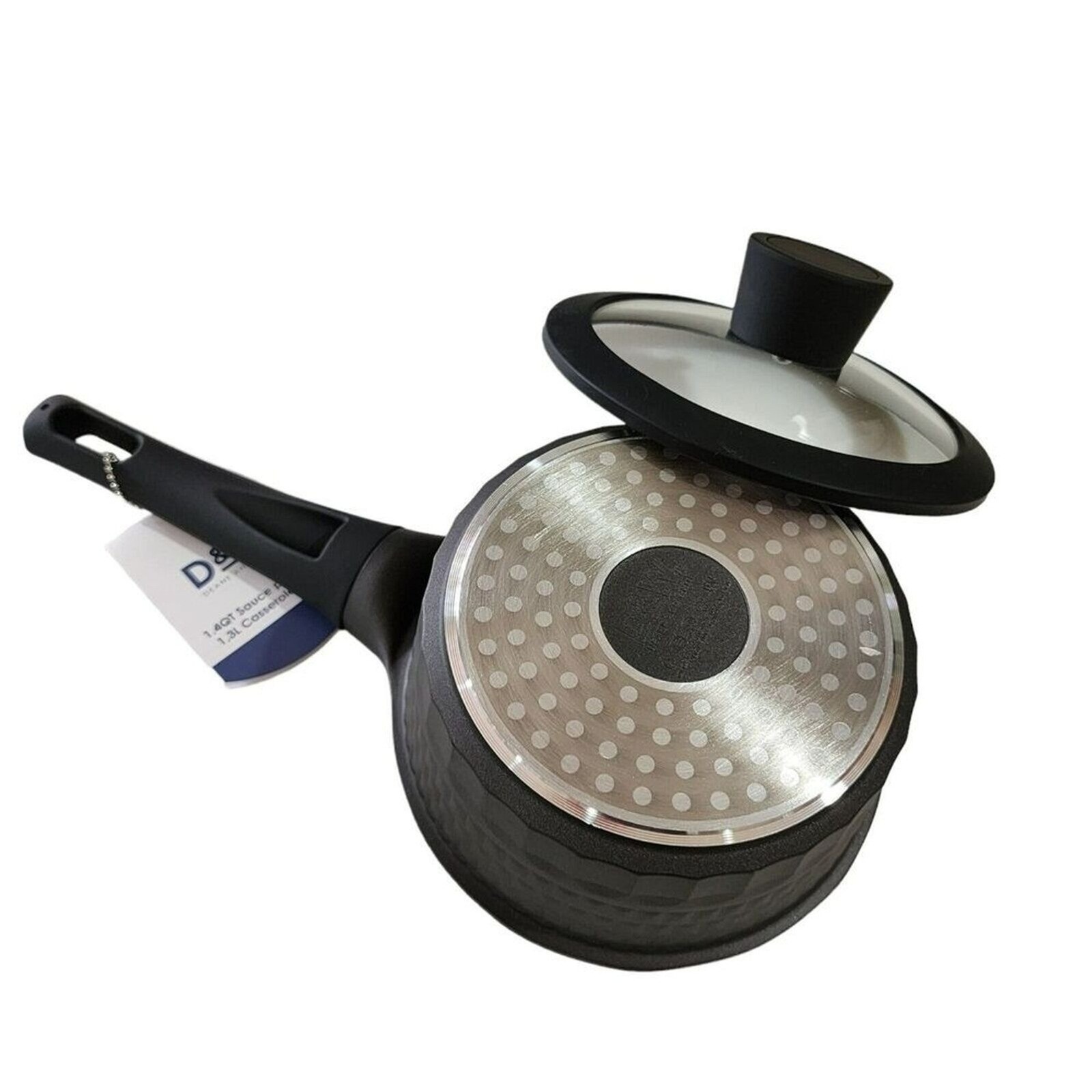 D&W Premium Cookware 6.3in Saucepan Casserole Nonstick With Lid 1.4Qt Black