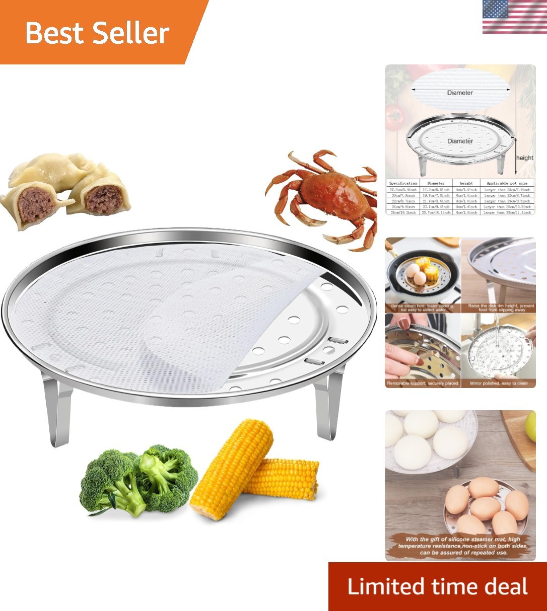 8.7 Inch Stainless Steel Steamer Rack with Silicone Liners for Versatile Cooking