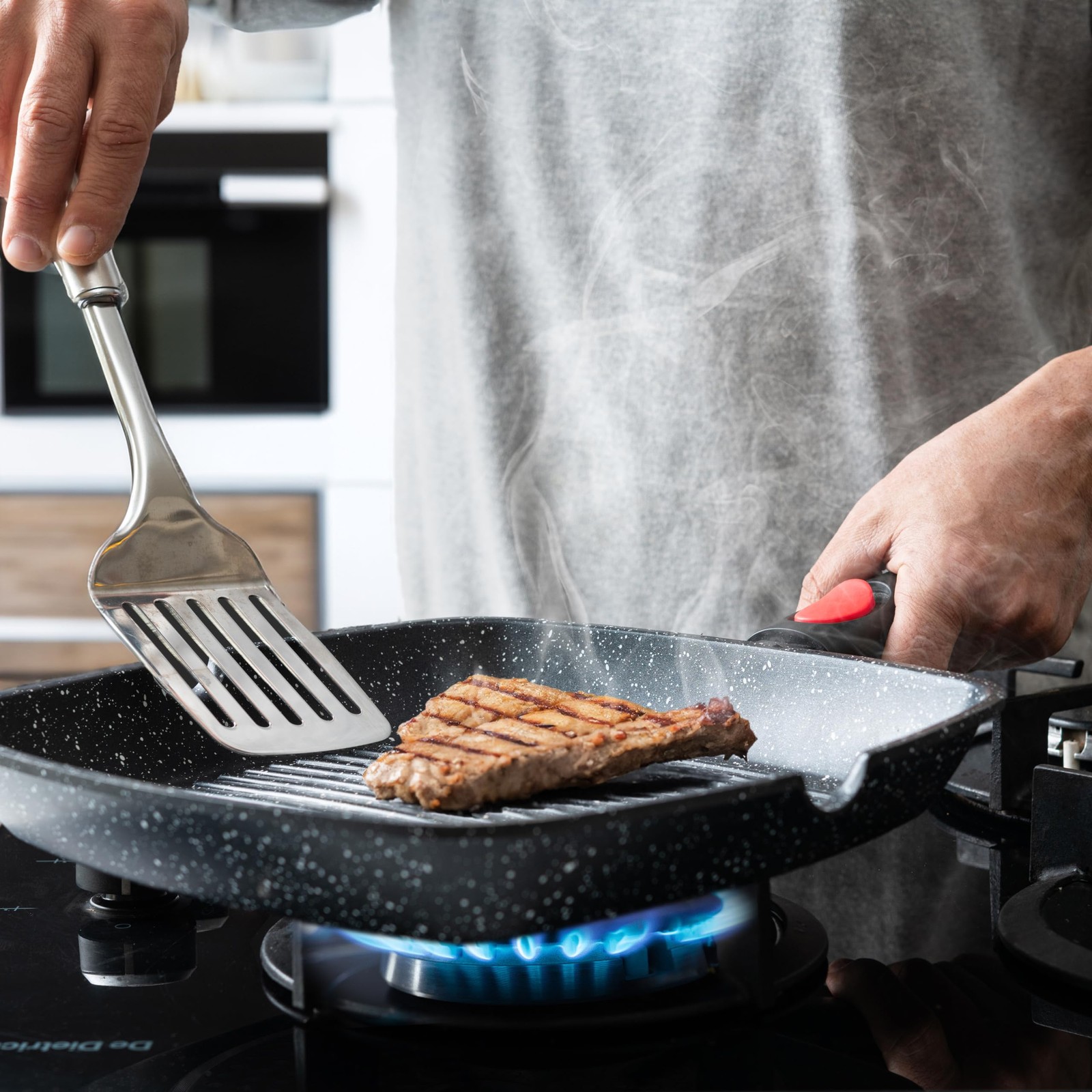Square Nonstick Indoor Grill Pan Removable Handle Aluminum Griddle Skillet