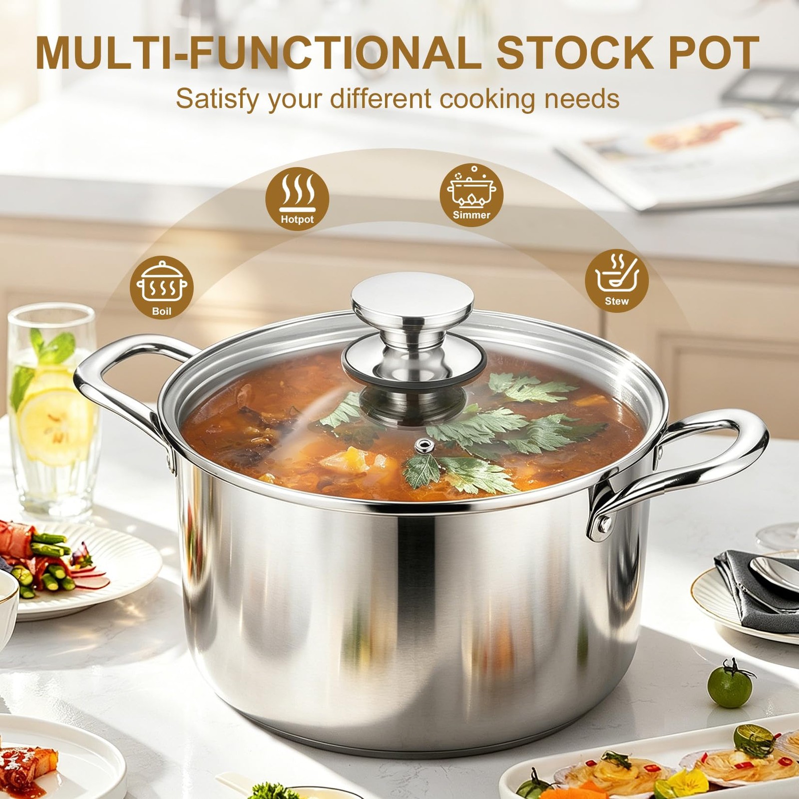 8 Quart Tri-Ply Stainless Steel Stock Pot, 8 Qt Stockpot Pasta Cooking Pot wi…