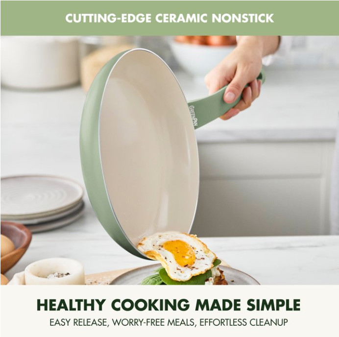 GreenPan Essence 3-Piece Fry Pan Set – 7″, 9.5″ & 11″ Ceramic Nonstick, Green