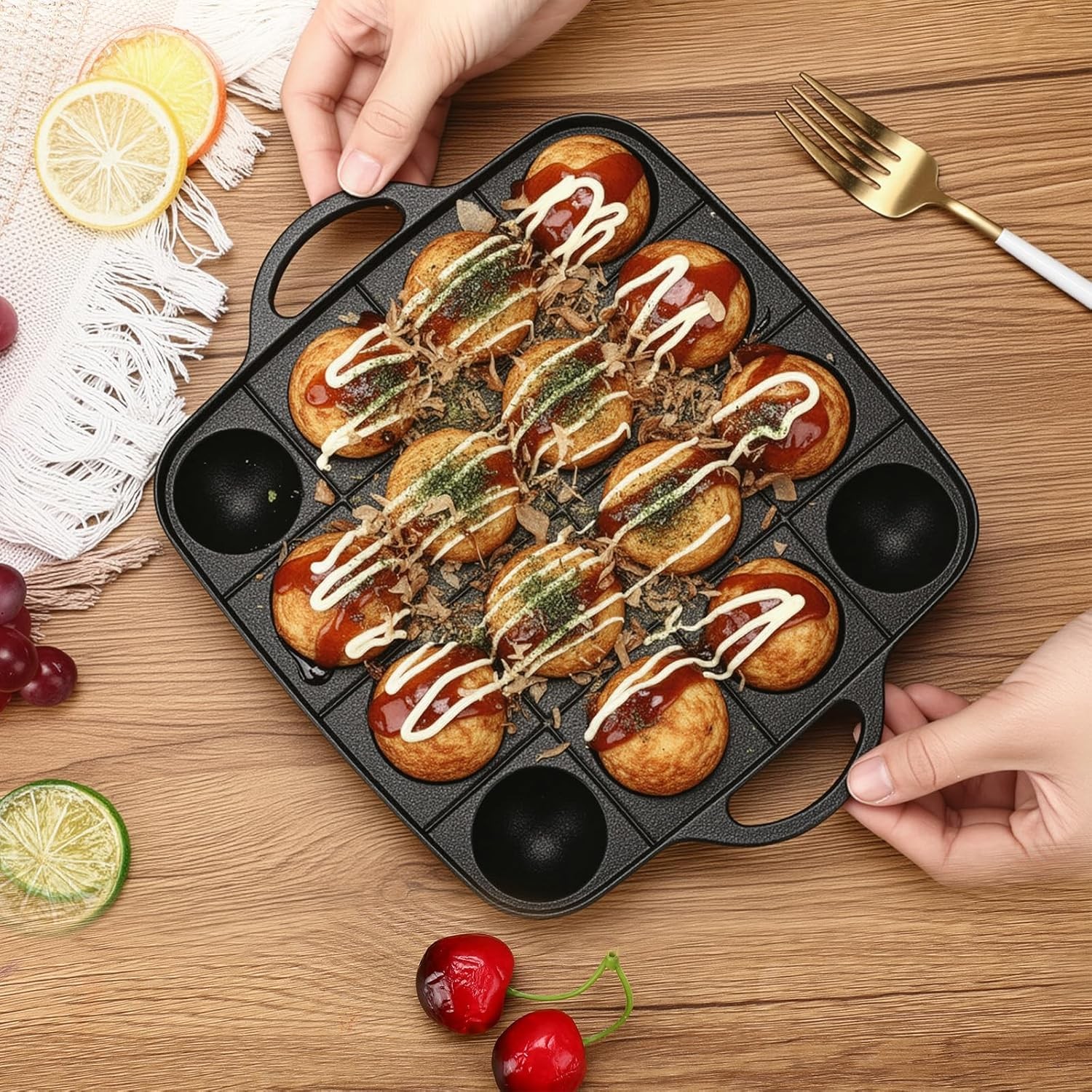 2 Pack Takoyaki Grill Pan 16 Holes Japanese Octopus Ball Maker Baking Pan Meatba