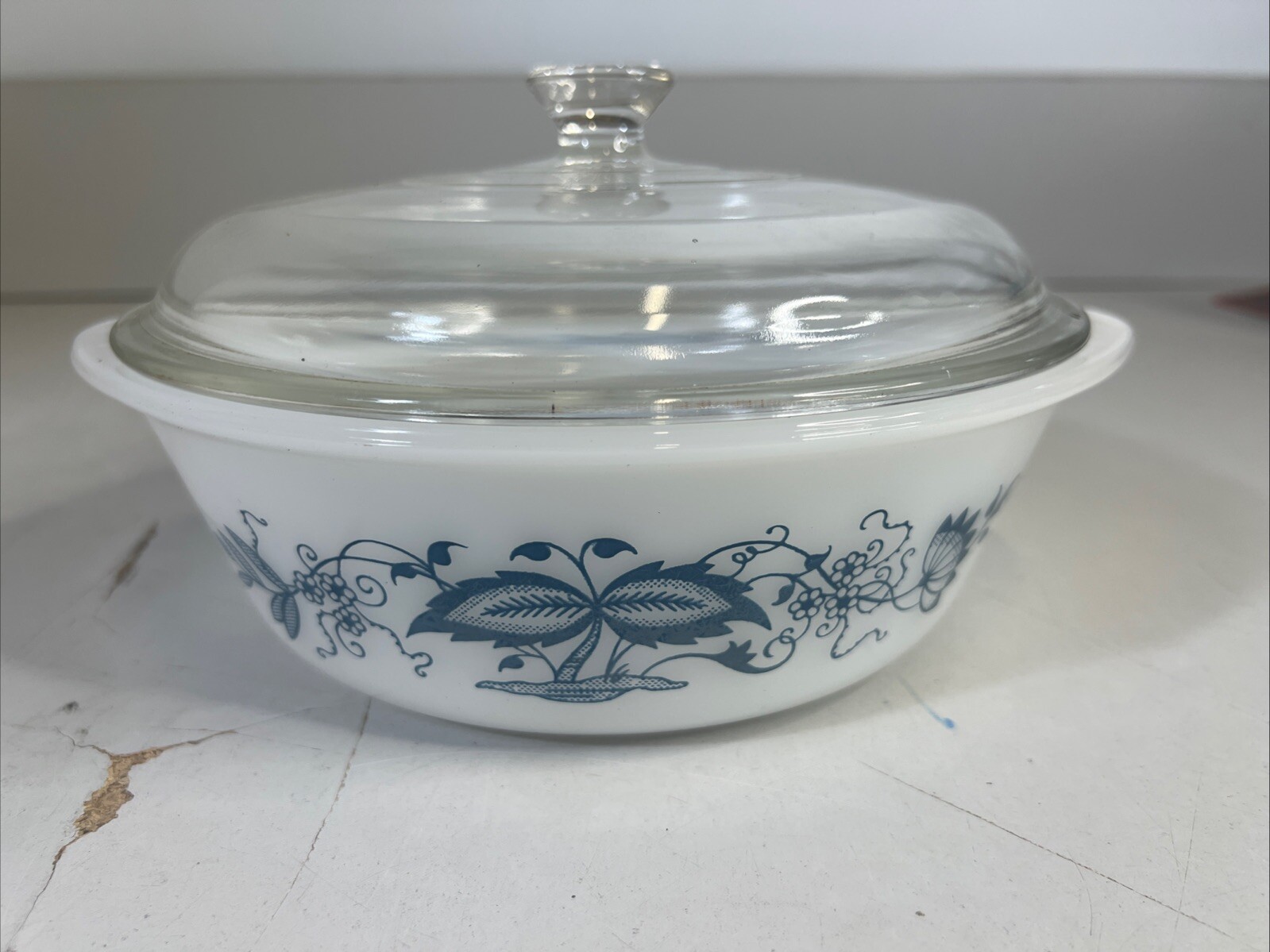 Vintage Glasbake Casserole Dish Milk Glass Jeanette Blue Onion Flower 2 Qt