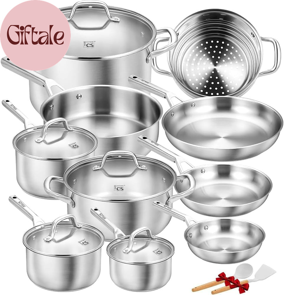 Stainless Steel Cookware Set 17 Piece, Professional 18/10 Stianless Steel Pots a