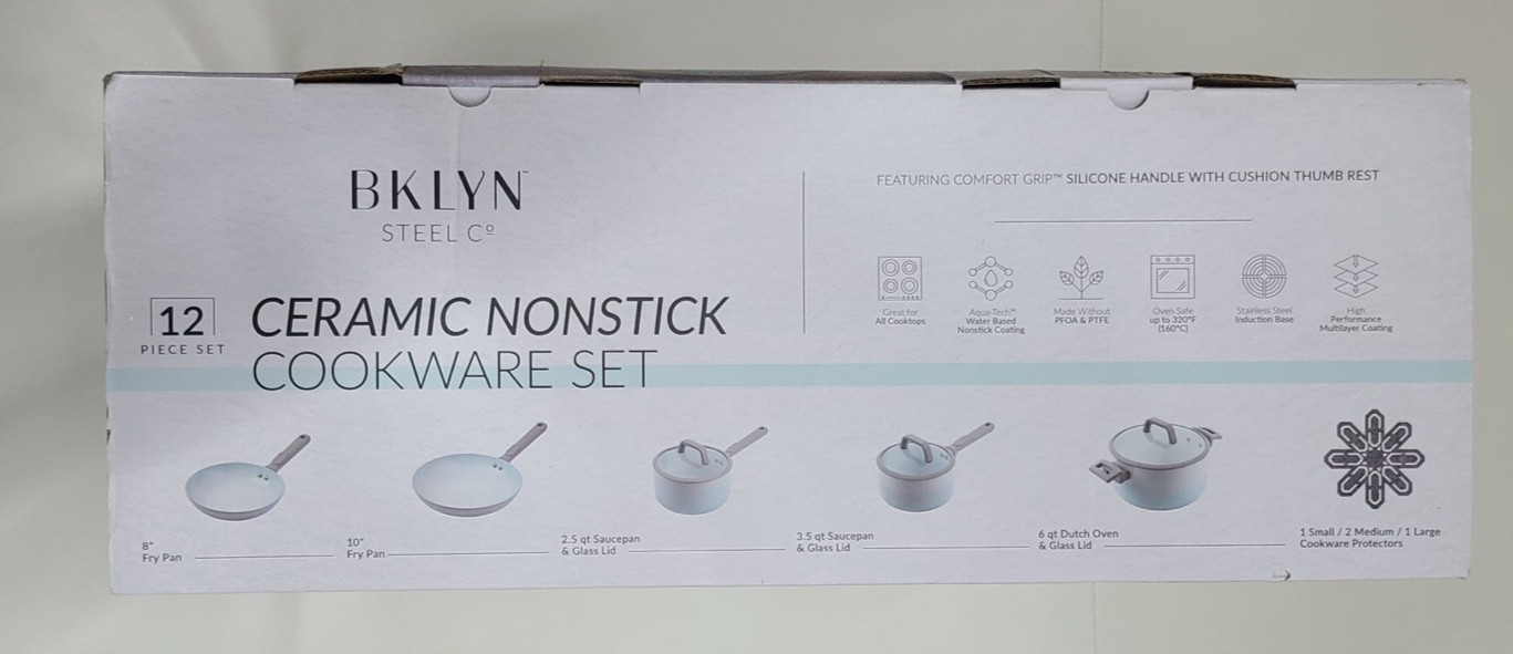 BKLYN Steel Co Lunar Eclipce Ceramic Nonstick Cookware Set 12 Pc Light Blue