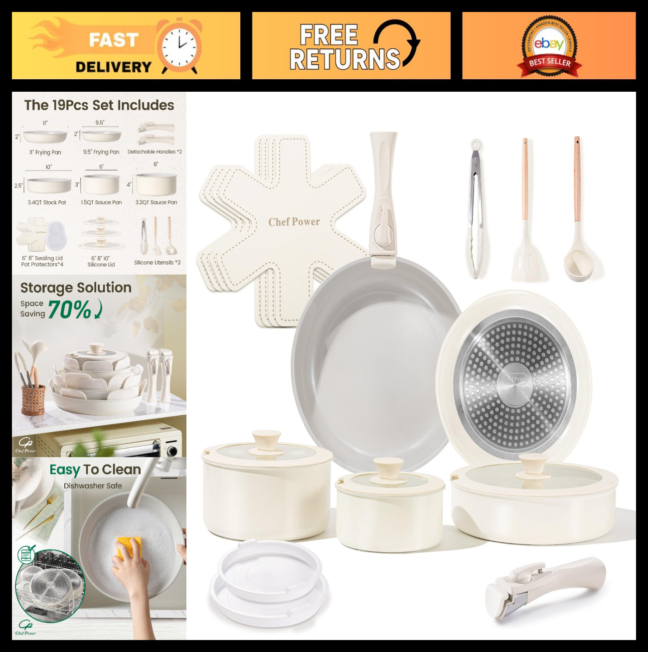 19-Piece Ceramic Nonstick Cookware Set, Induction & Dishwasher Safe, Removable H