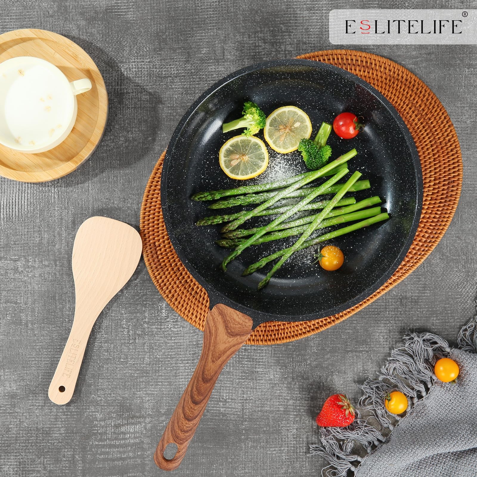 ESLITE LIFE Nonstick Ceramic Frying Pans 8″+9.5″+11″ Set w/Lids, Black