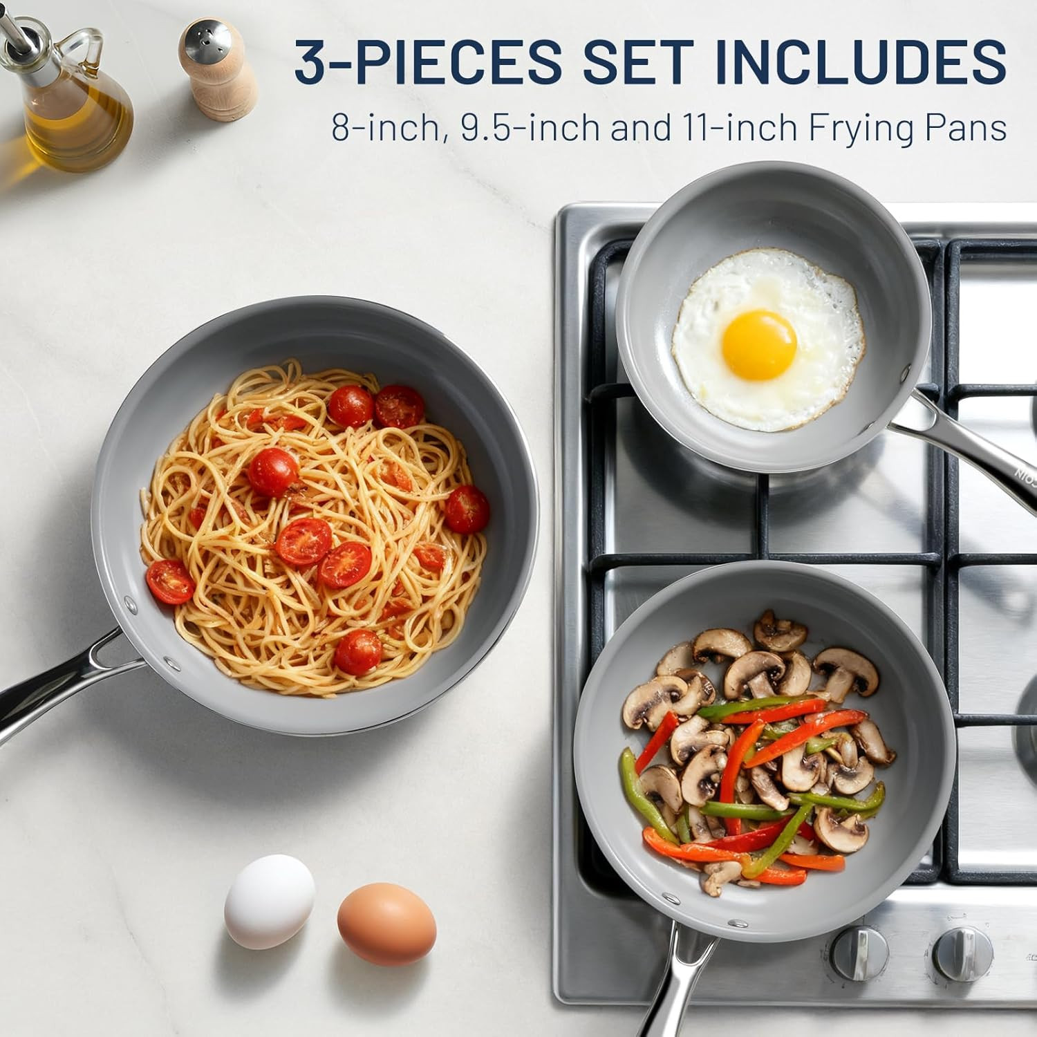 Ceramic Nonstick Frying Pan Set 3 Pck 8/9.5/11 Inch Induction Skillets PFAS-Free