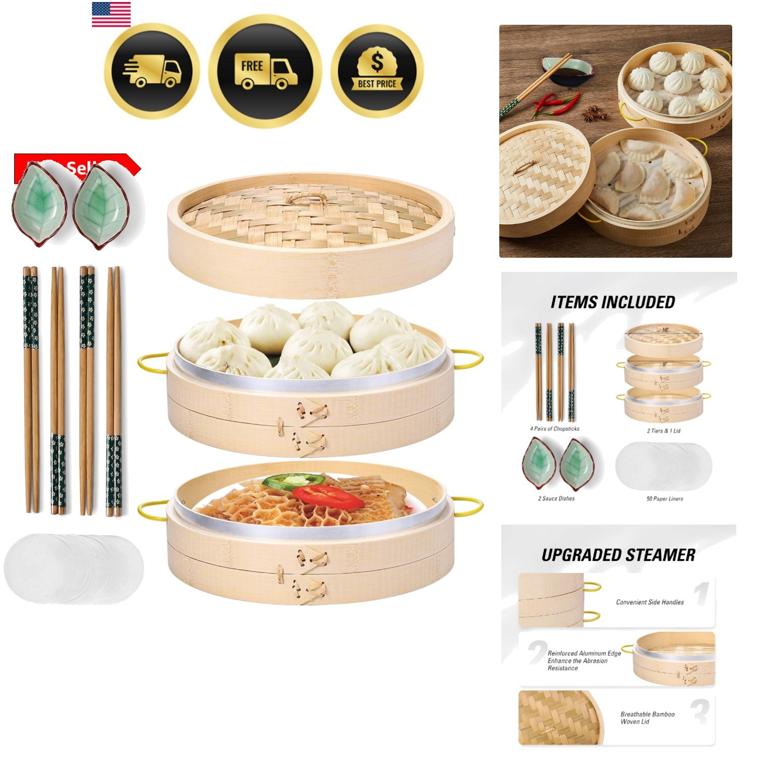 Bamboo Steamer Basket Set 10 inch Steamer for Cooking, with Side Handles Chop…